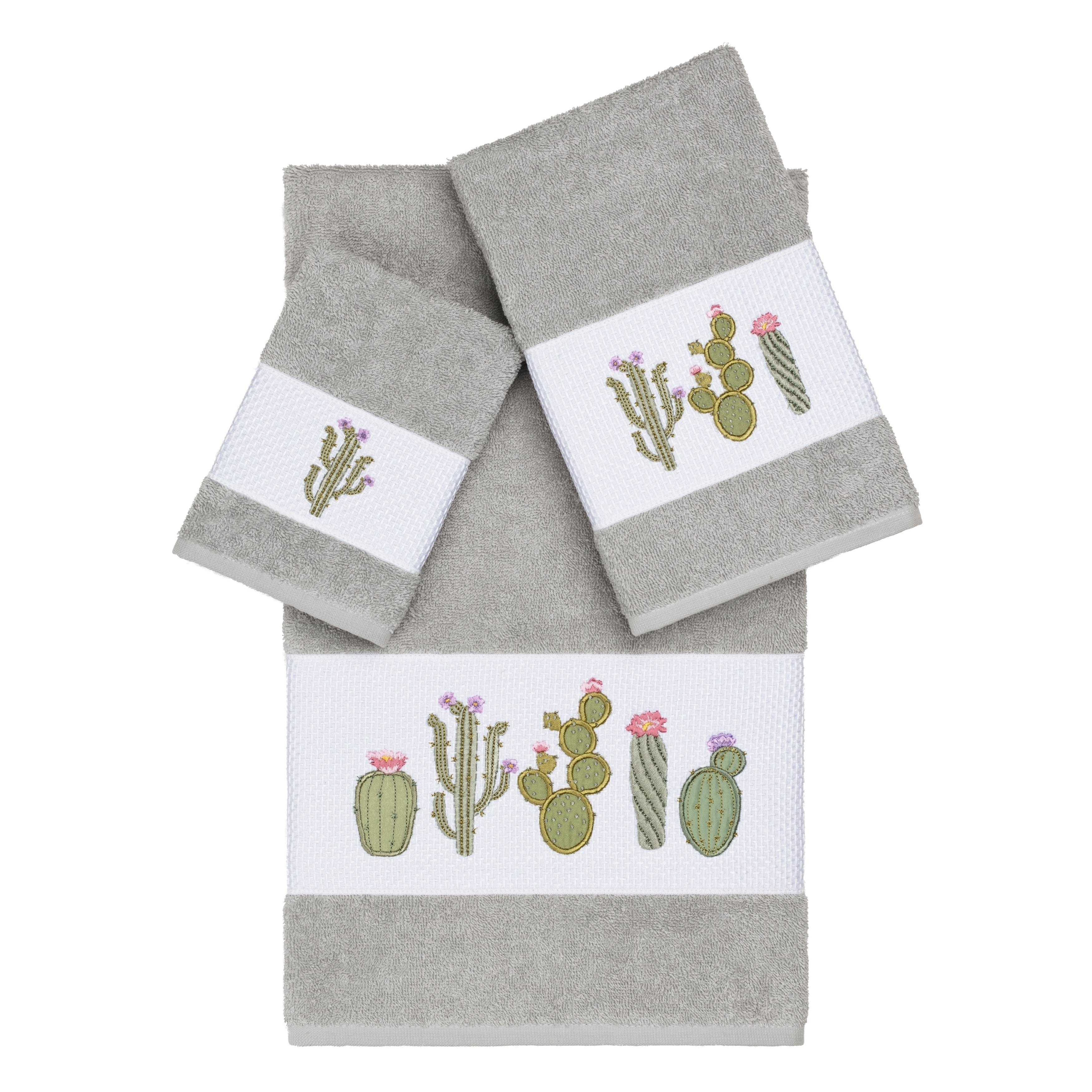 Authentic Hotel And Spa Turkish Cotton Cactus Embroidered Light Grey 3 Piece Towel Set