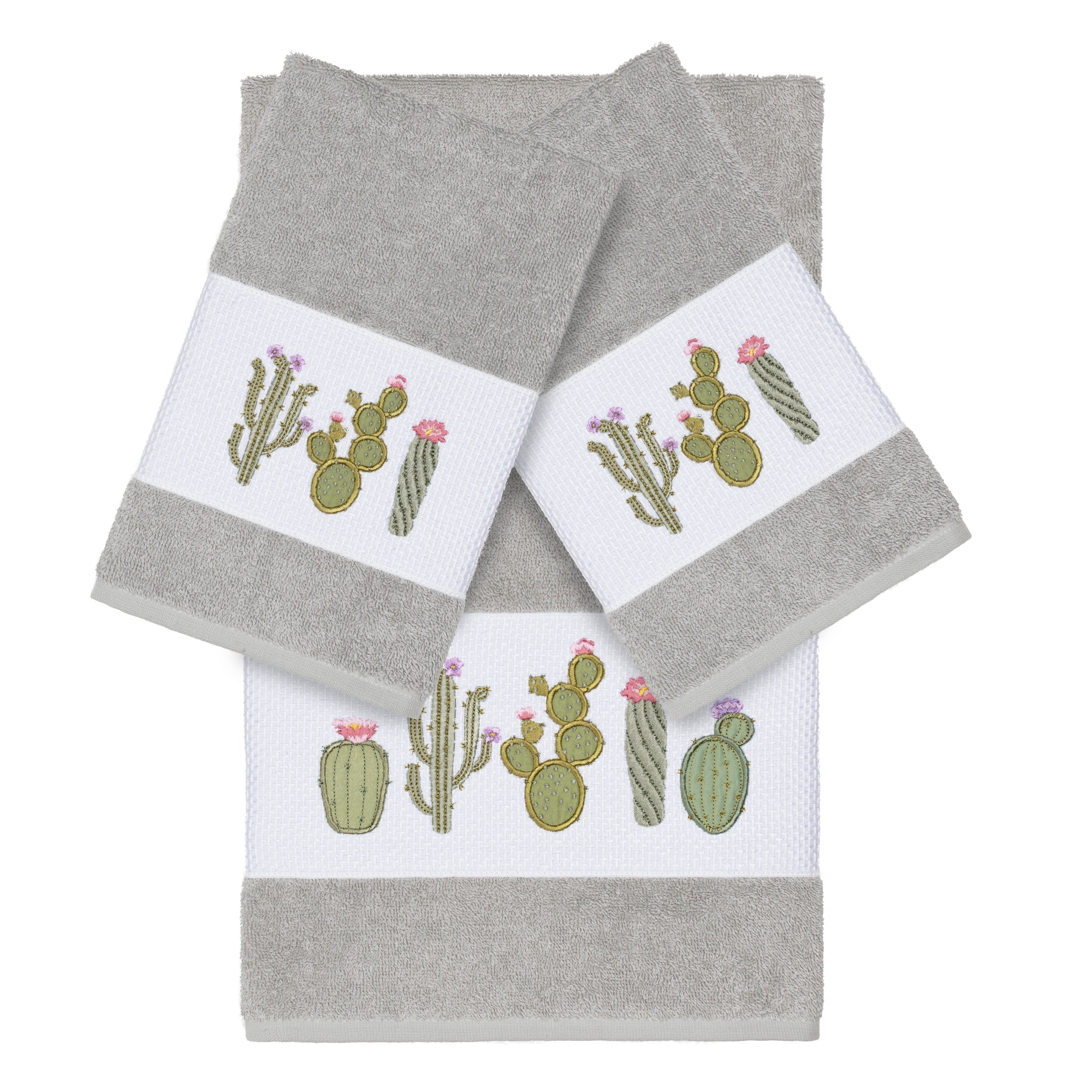 Authentic Hotel And Spa Turkish Cotton Cactus Embroidered Light Grey 3 Piece Towel Set