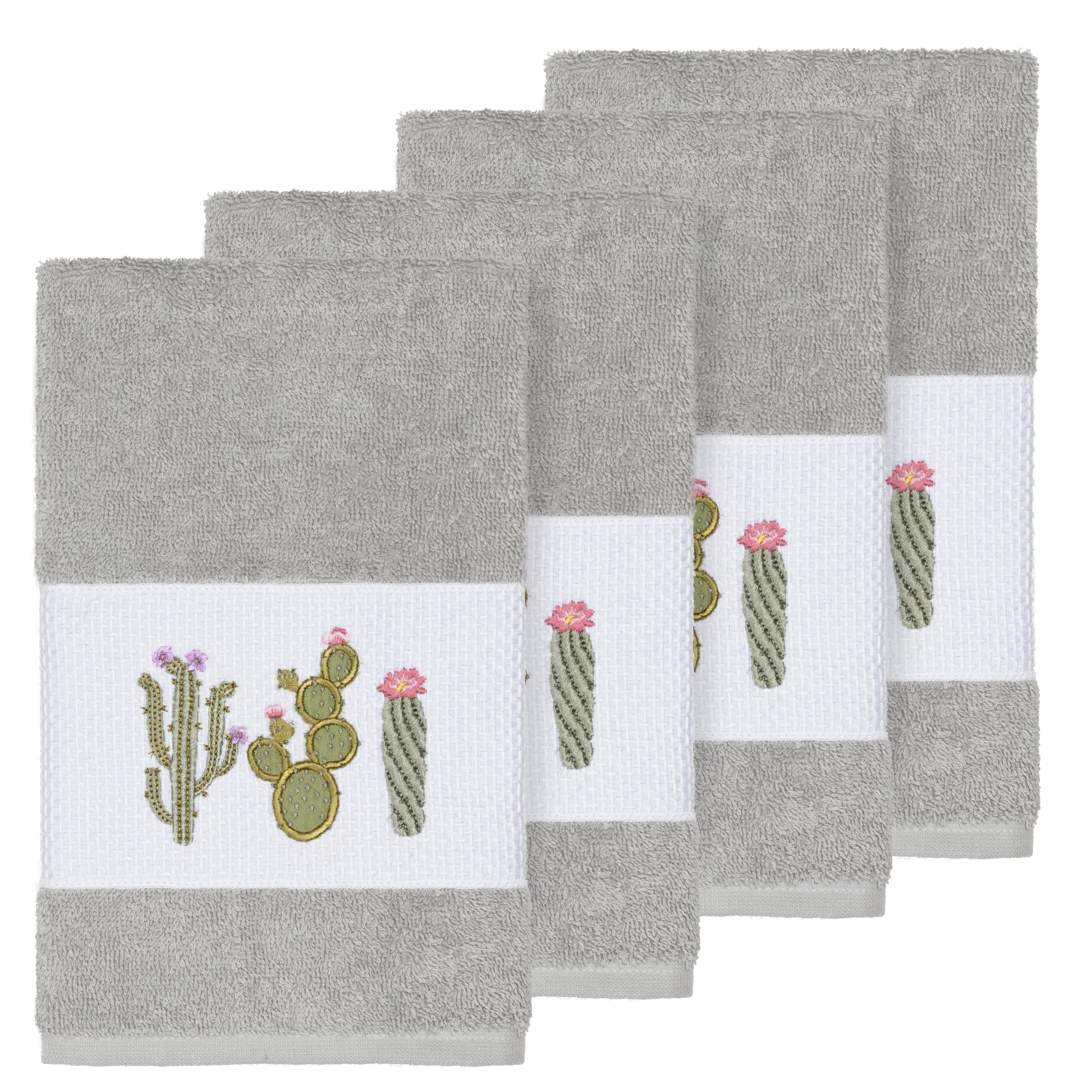 Authentic Hotel And Spa Turkish Cotton Cactus Embroidered Light Grey 4 Piece Hand Towel Set