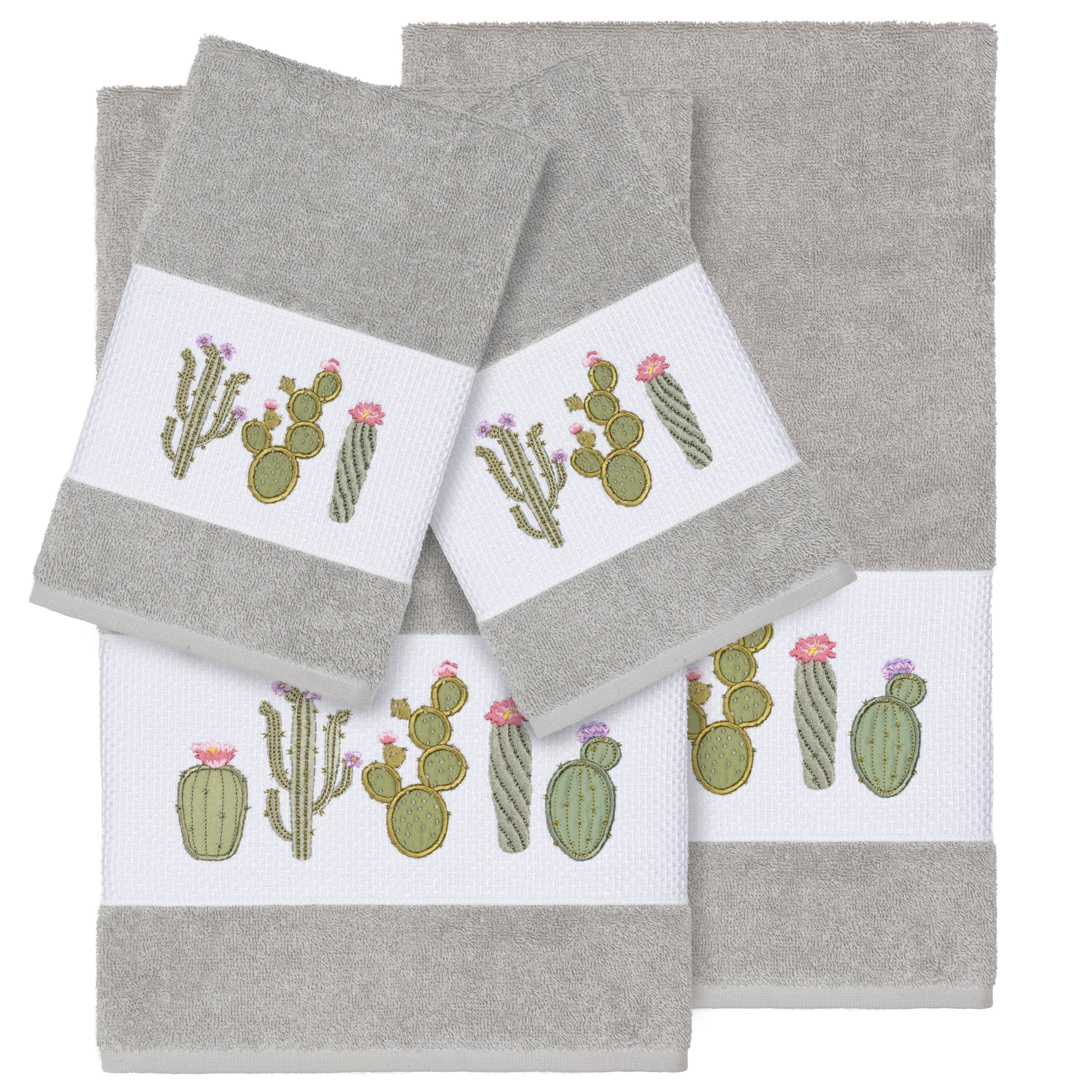 Authentic Hotel And Spa Turkish Cotton Cactus Embroidered Light Grey 4 Piece Towel Set