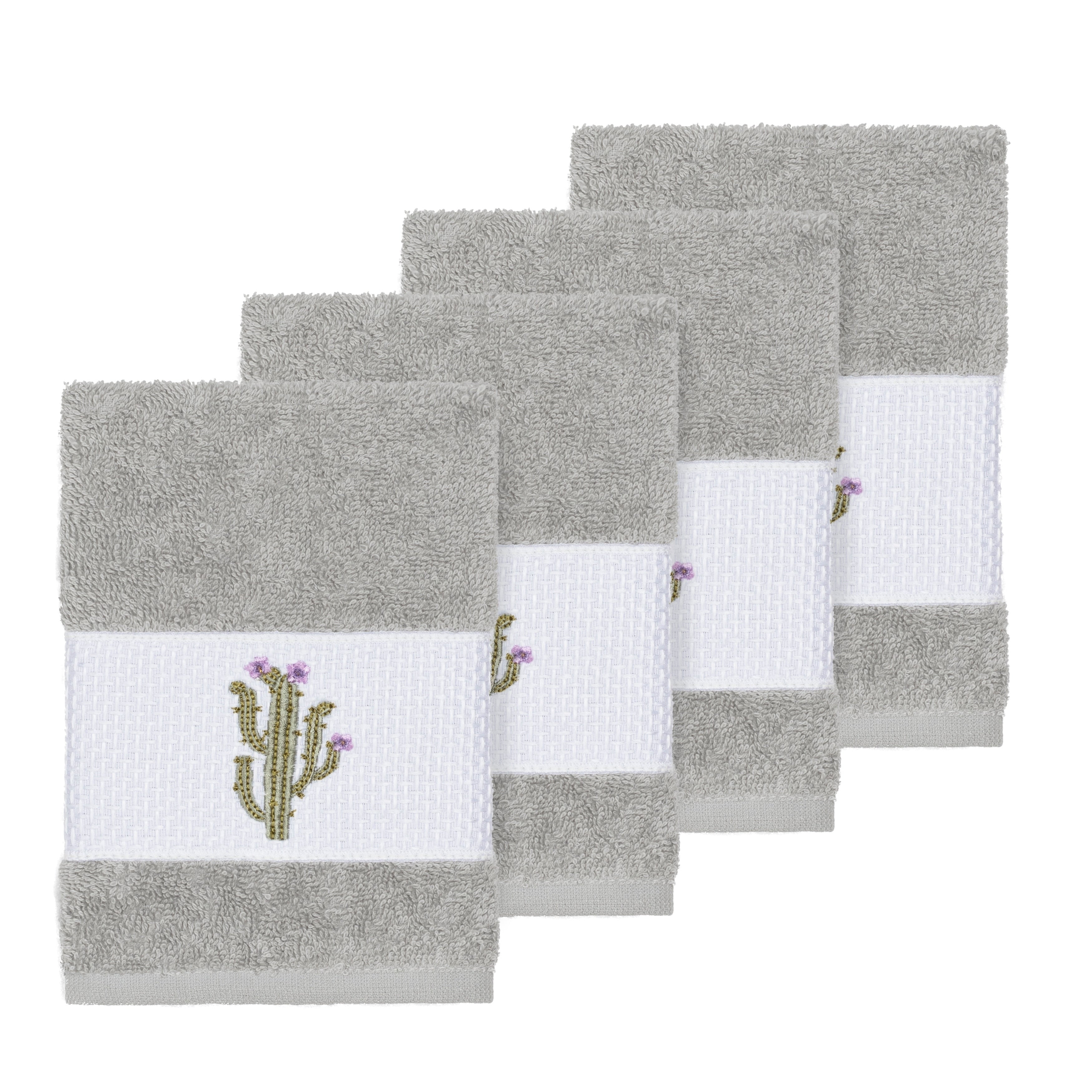 Authentic Hotel And Spa Turkish Cotton Cactus Embroidered Light Grey 4 Piece Washcloth Set