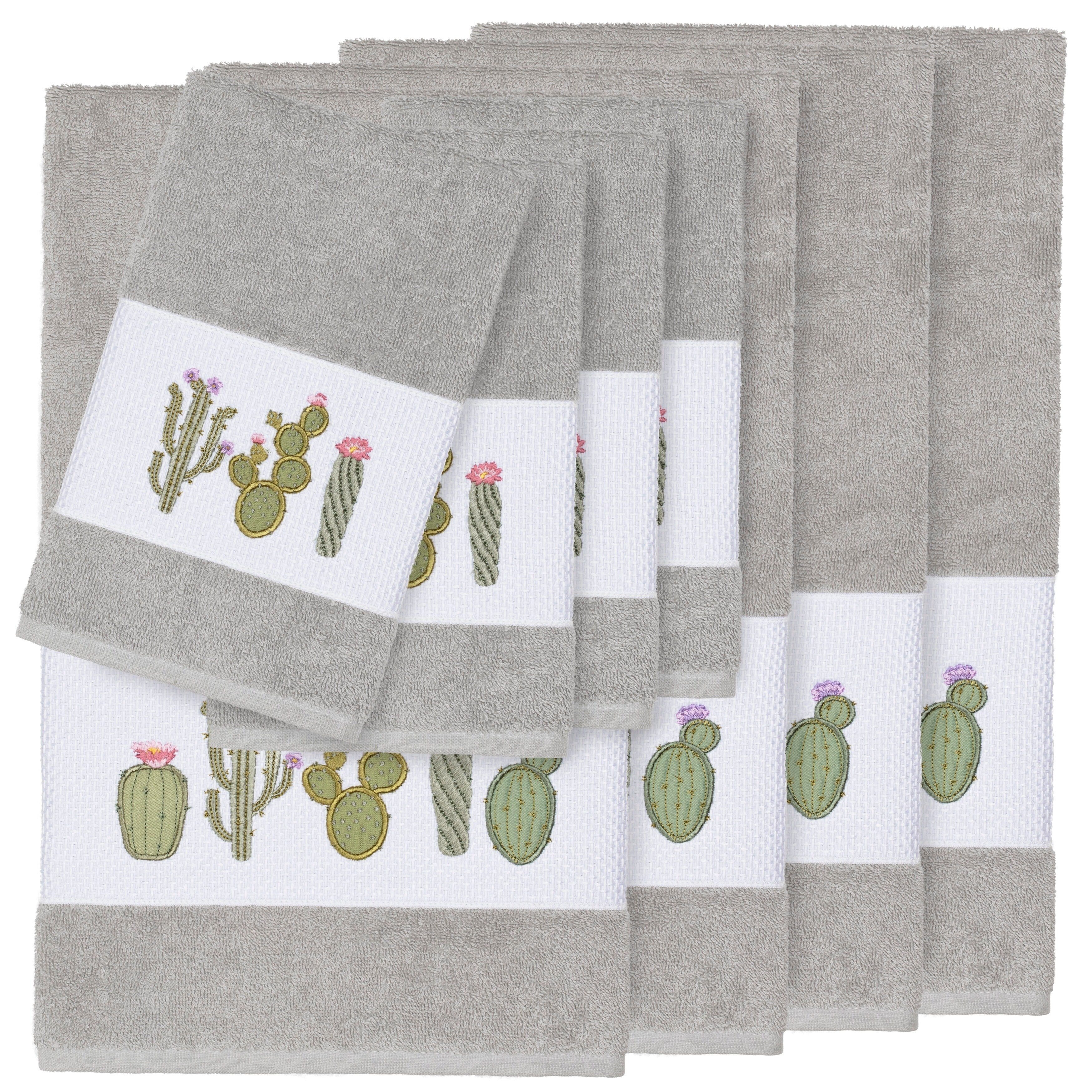 Authentic Hotel And Spa Turkish Cotton Cactus Embroidered Light Grey 8 Piece Towel Set