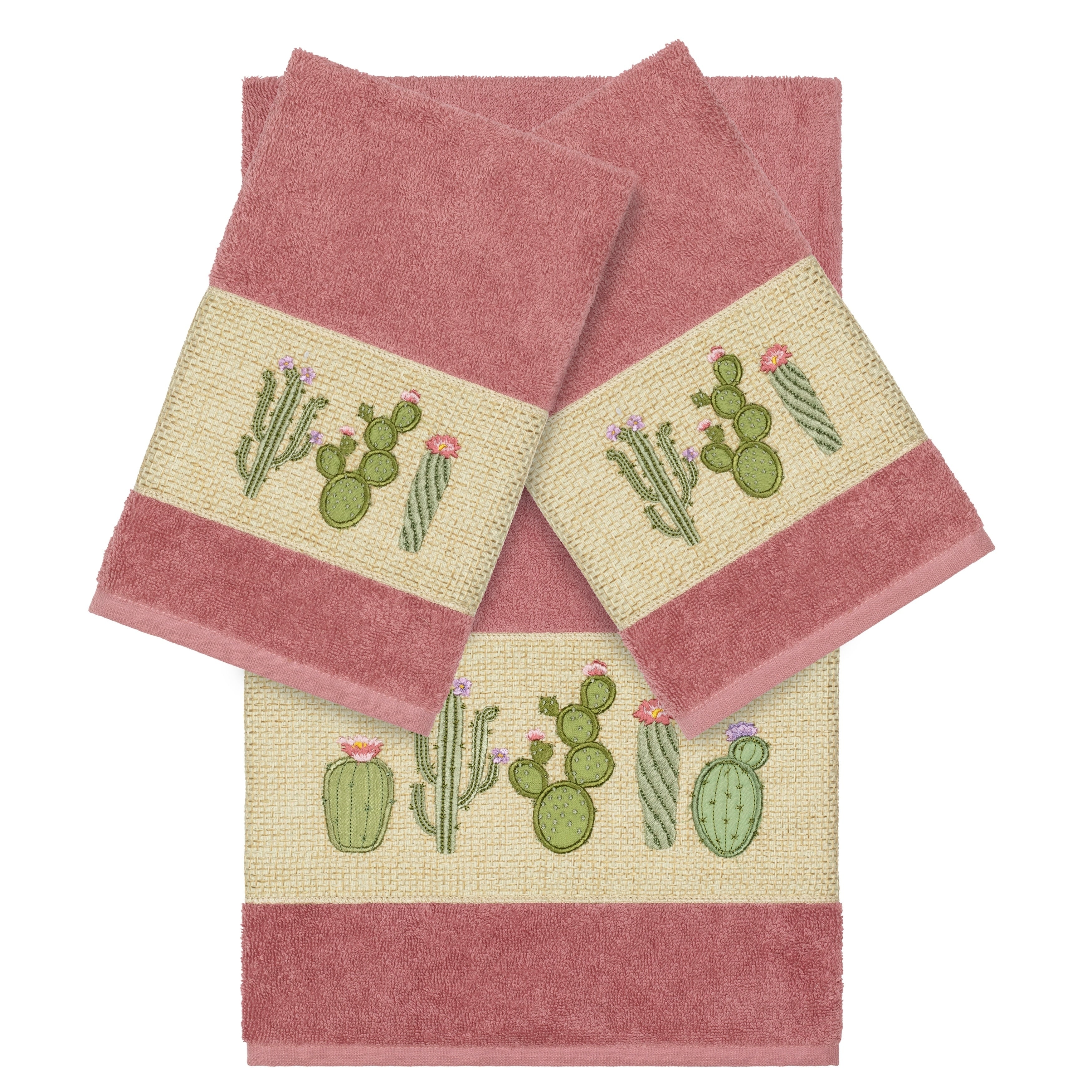 Authentic Hotel And Spa Turkish Cotton Cactus Embroidered Tea Rose 3 Piece Towel Set