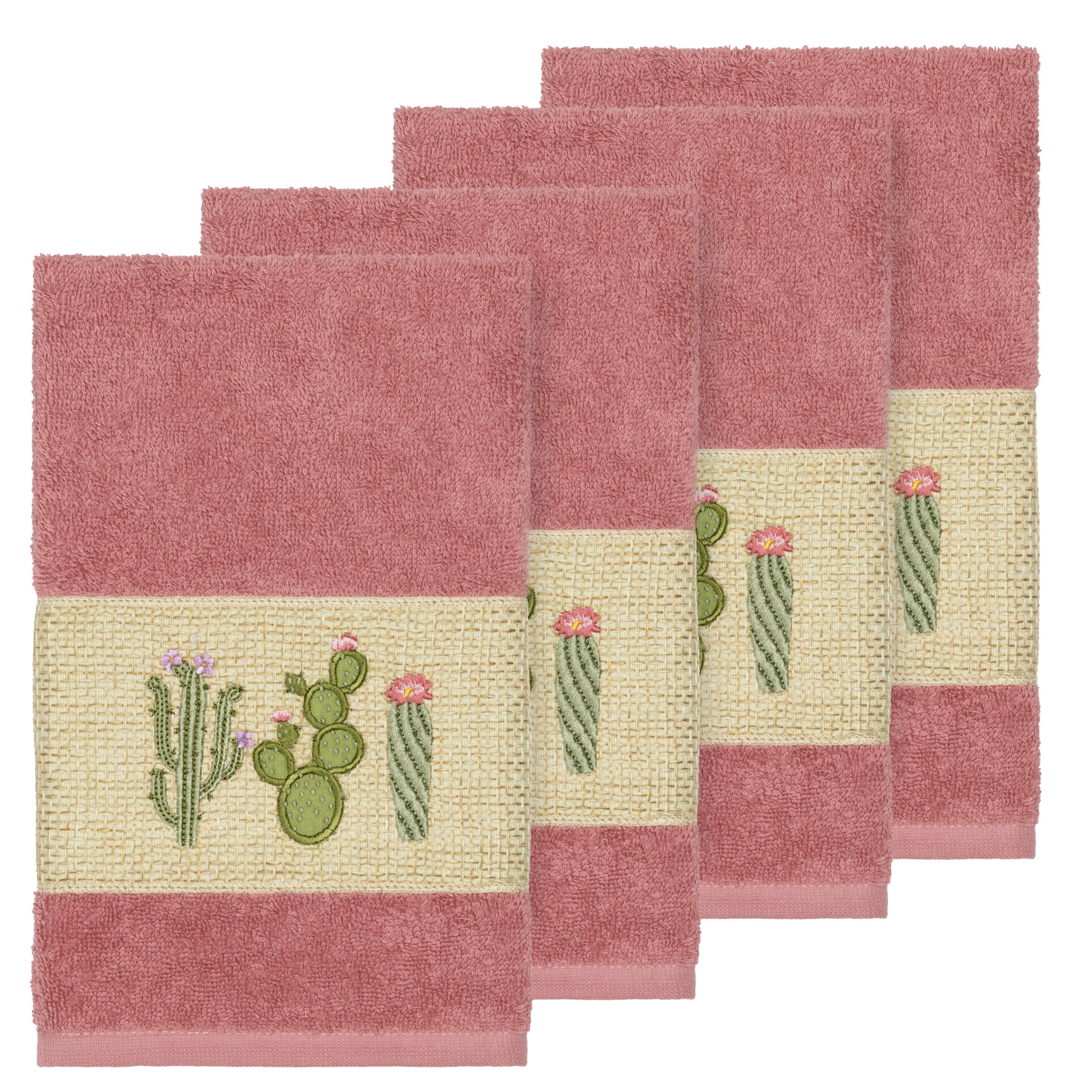 Authentic Hotel And Spa Turkish Cotton Cactus Embroidered Tea Rose 4 Piece Hand Towel Set