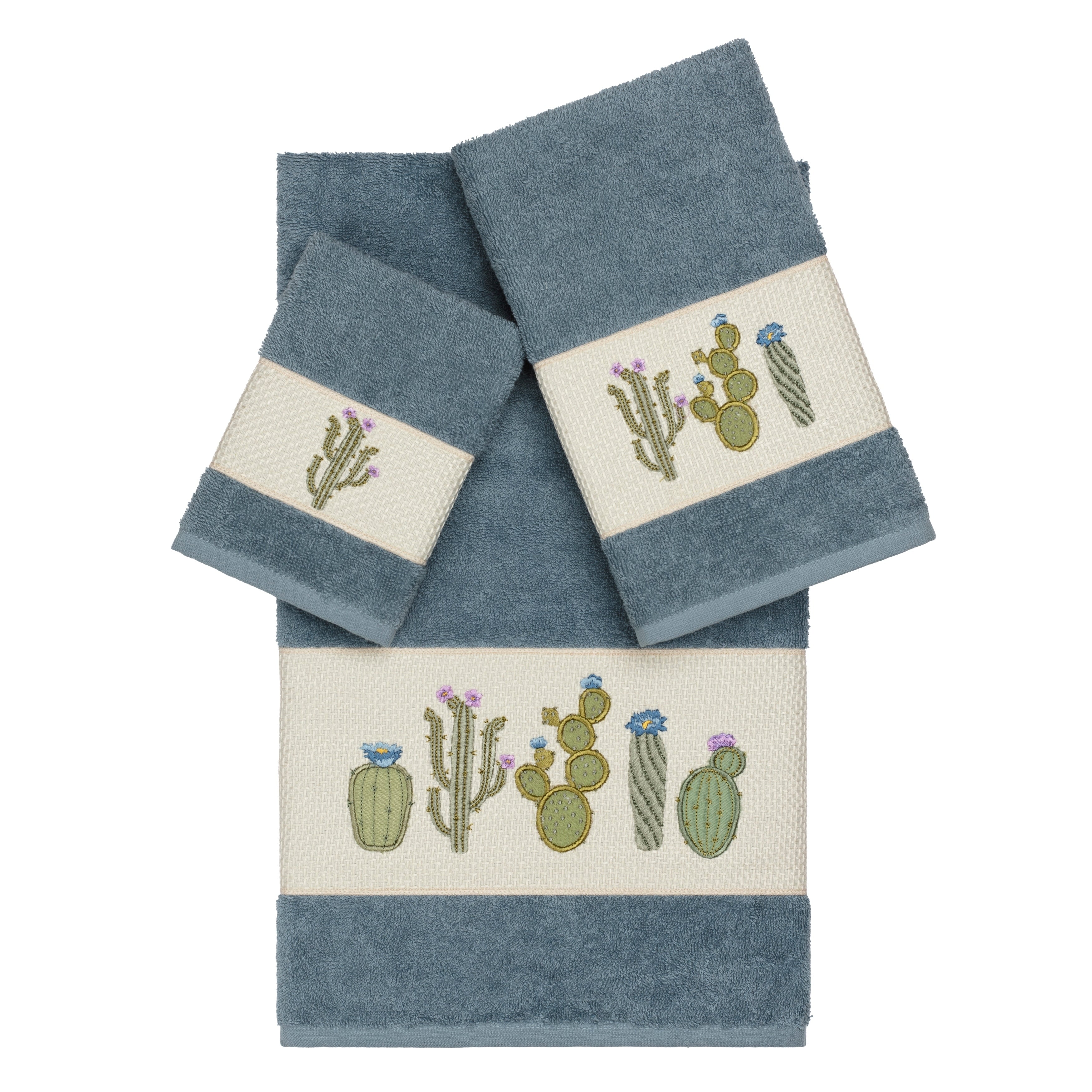 Authentic Hotel And Spa Turkish Cotton Cactus Embroidered Teal Blue 3 Piece Towel Set