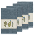 Authentic Hotel And Spa Turkish Cotton Cactus Embroidered Teal Blue 4 Piece Hand Towel Set