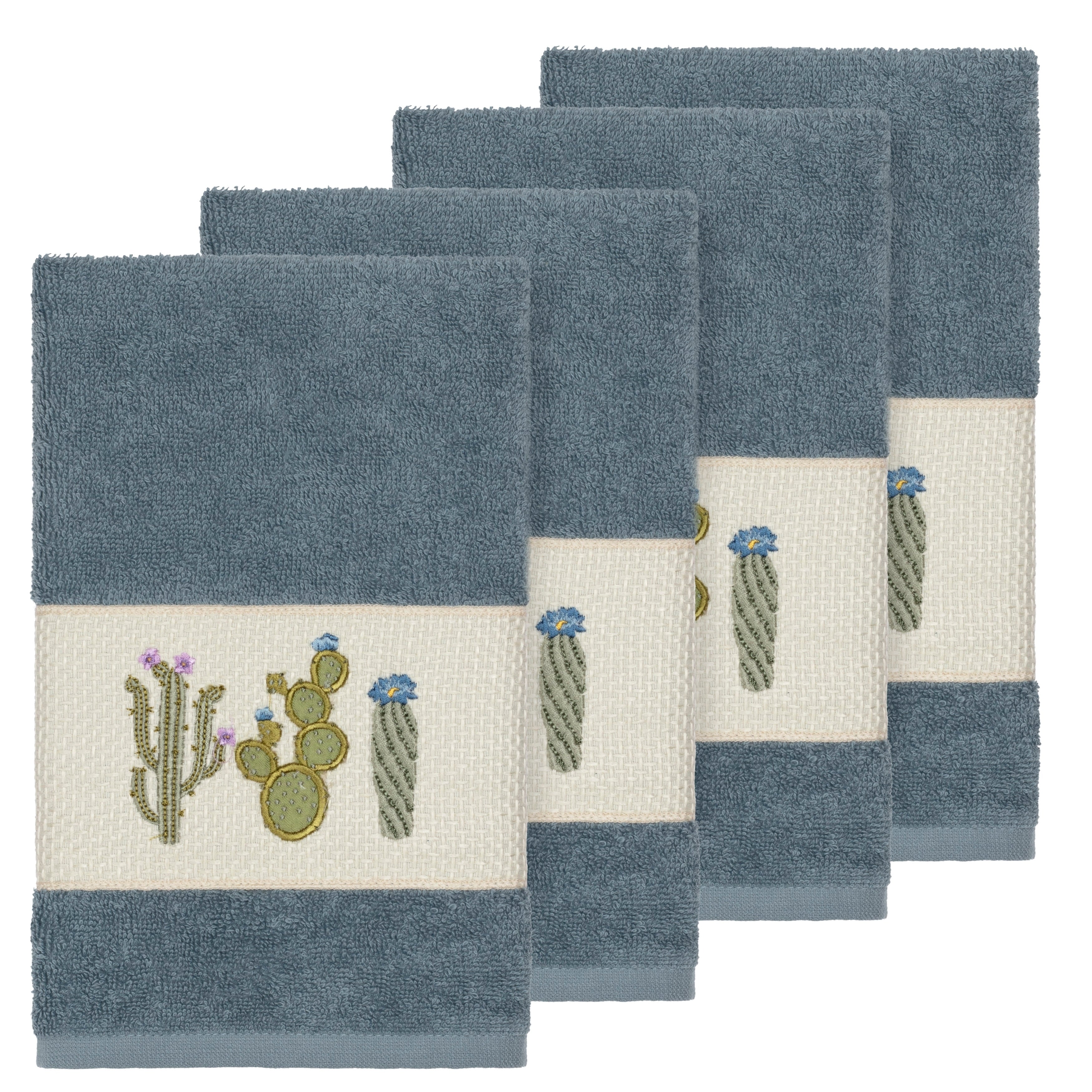Authentic Hotel And Spa Turkish Cotton Cactus Embroidered Teal Blue 4 Piece Hand Towel Set
