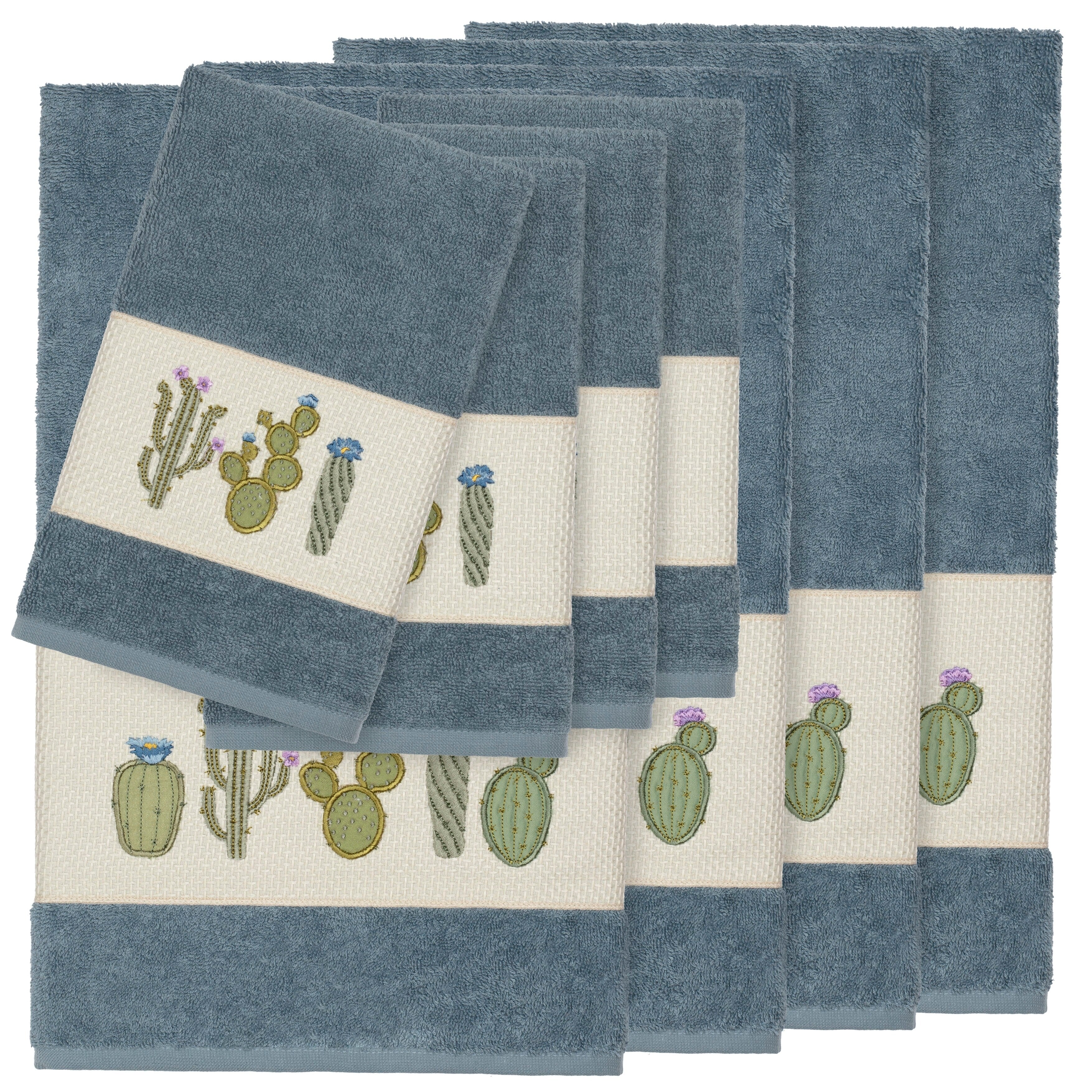 Authentic Hotel And Spa Turkish Cotton Cactus Embroidered Teal Blue 8 Piece Towel Set