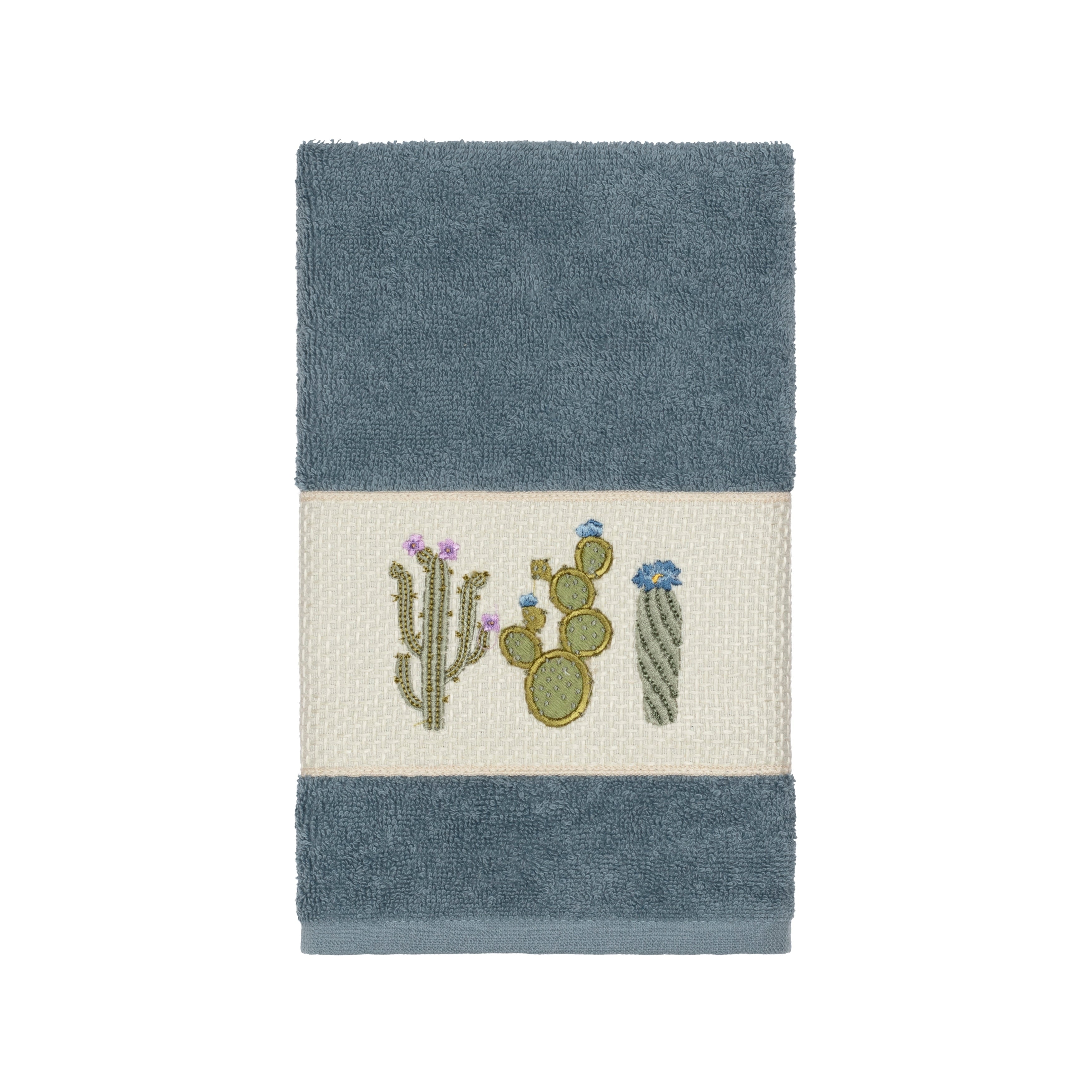 Authentic Hotel And Spa Turkish Cotton Cactus Embroidered Teal Blue Hand Towel