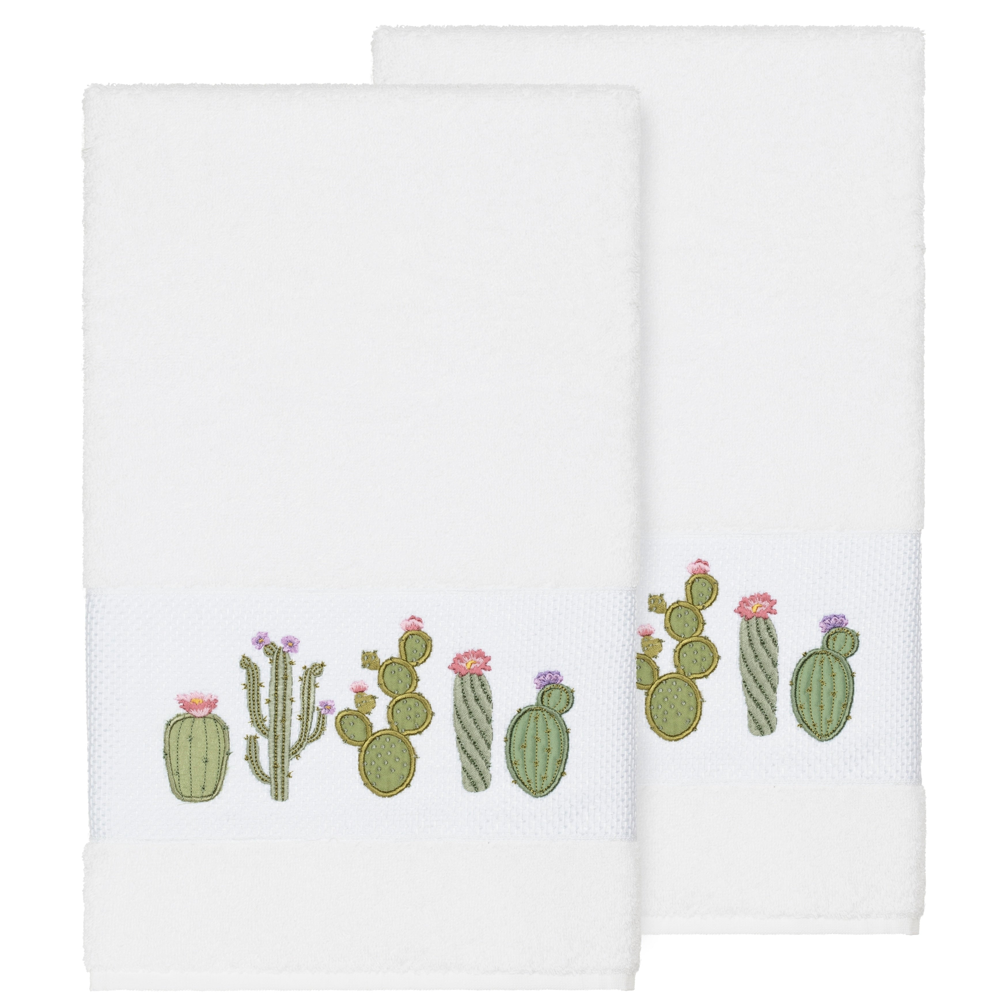 Authentic Hotel And Spa Turkish Cotton Cactus Embroidered White 2 Piece Bath Towel Set