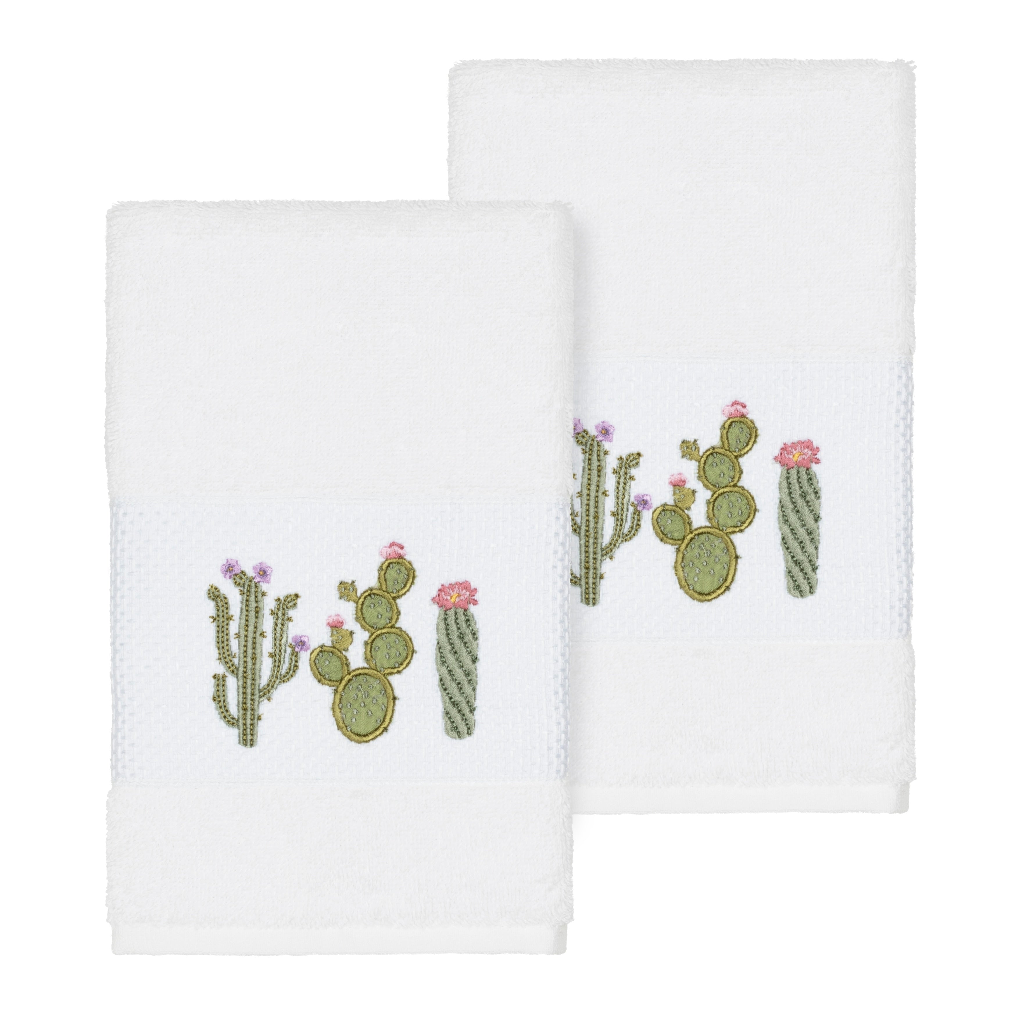 Authentic Hotel And Spa Turkish Cotton Cactus Embroidered White 2 Piece Towel Hand Set
