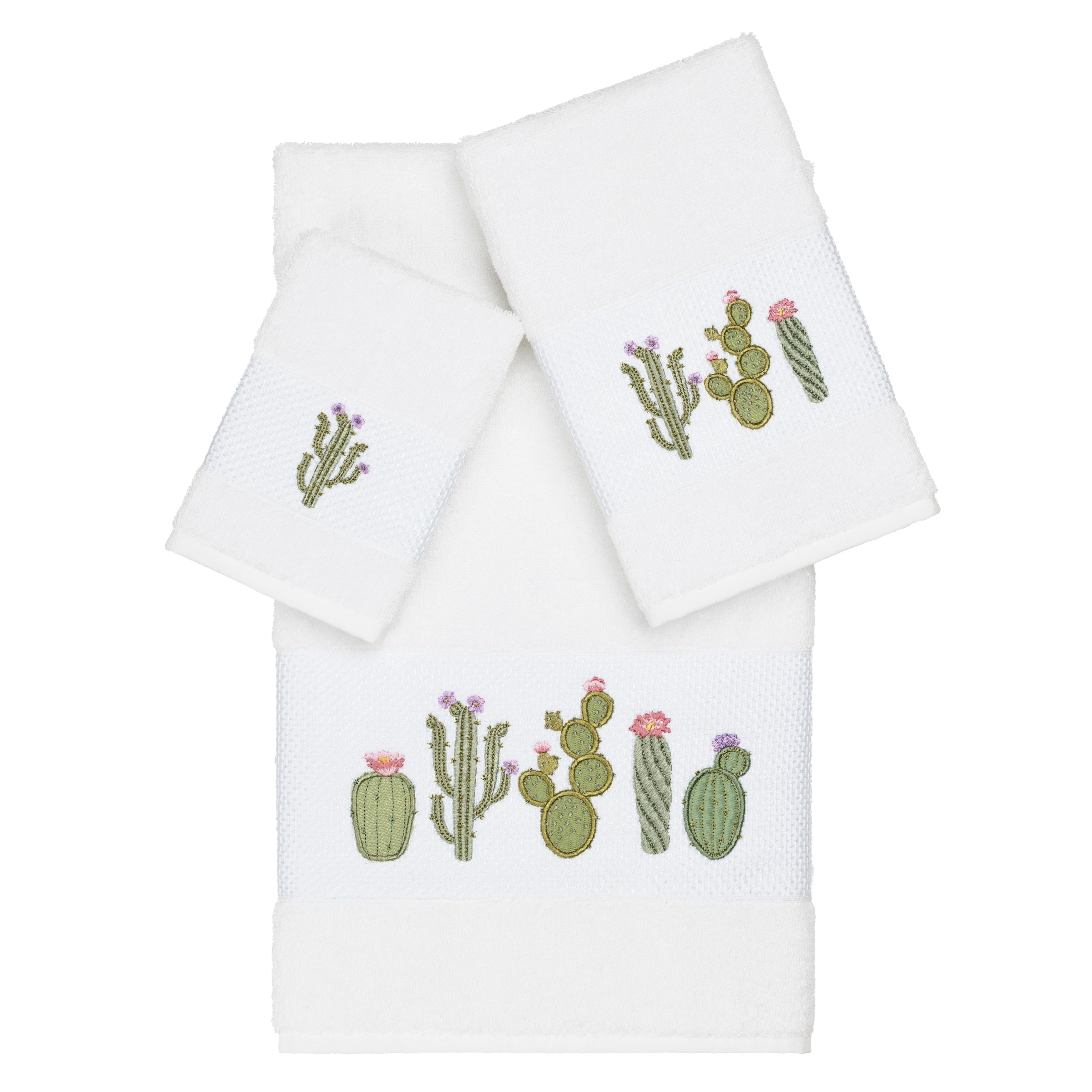 Authentic Hotel And Spa Turkish Cotton Cactus Embroidered White 3 Piece Towel Set