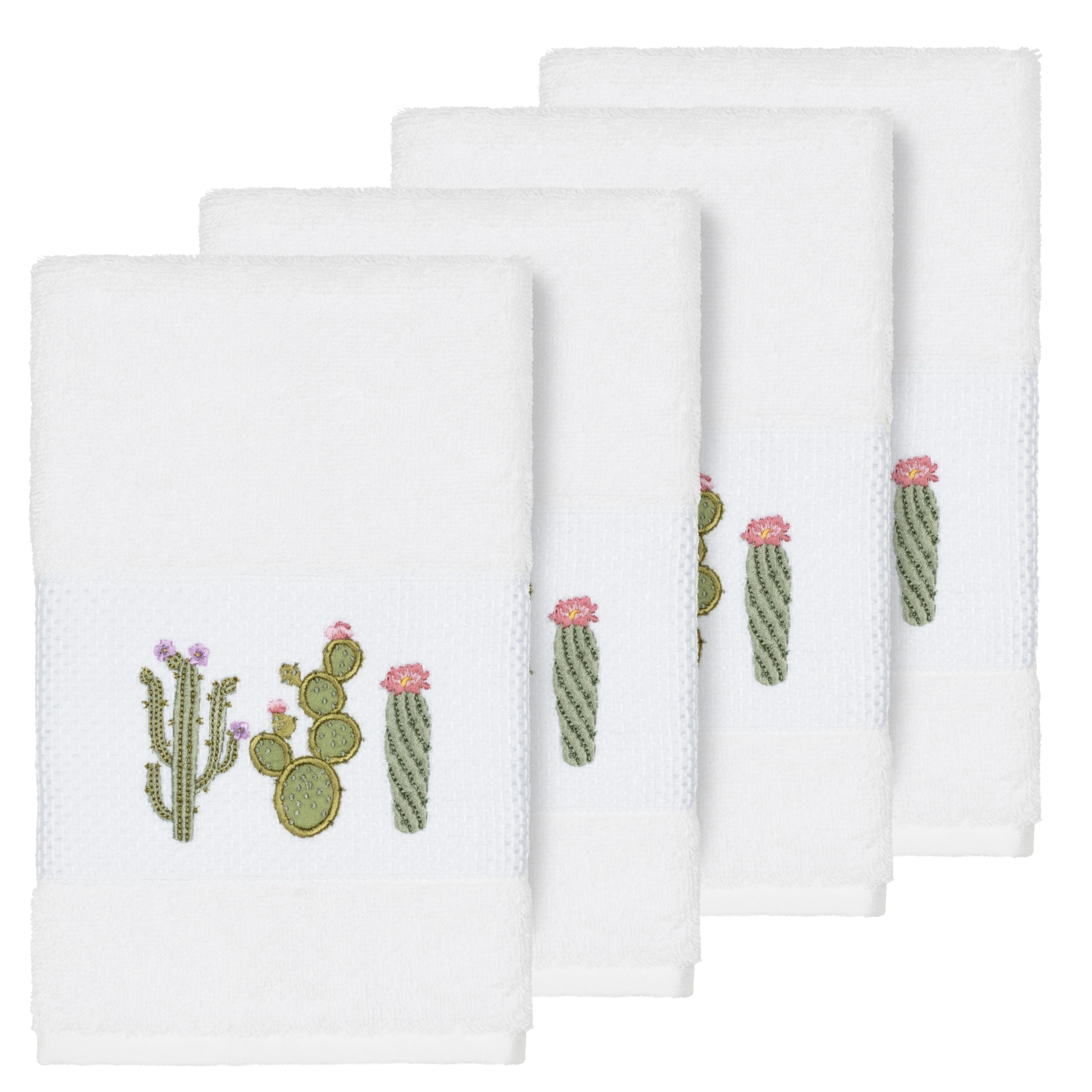 Authentic Hotel And Spa Turkish Cotton Cactus Embroidered White 4 Piece Hand Towel Set