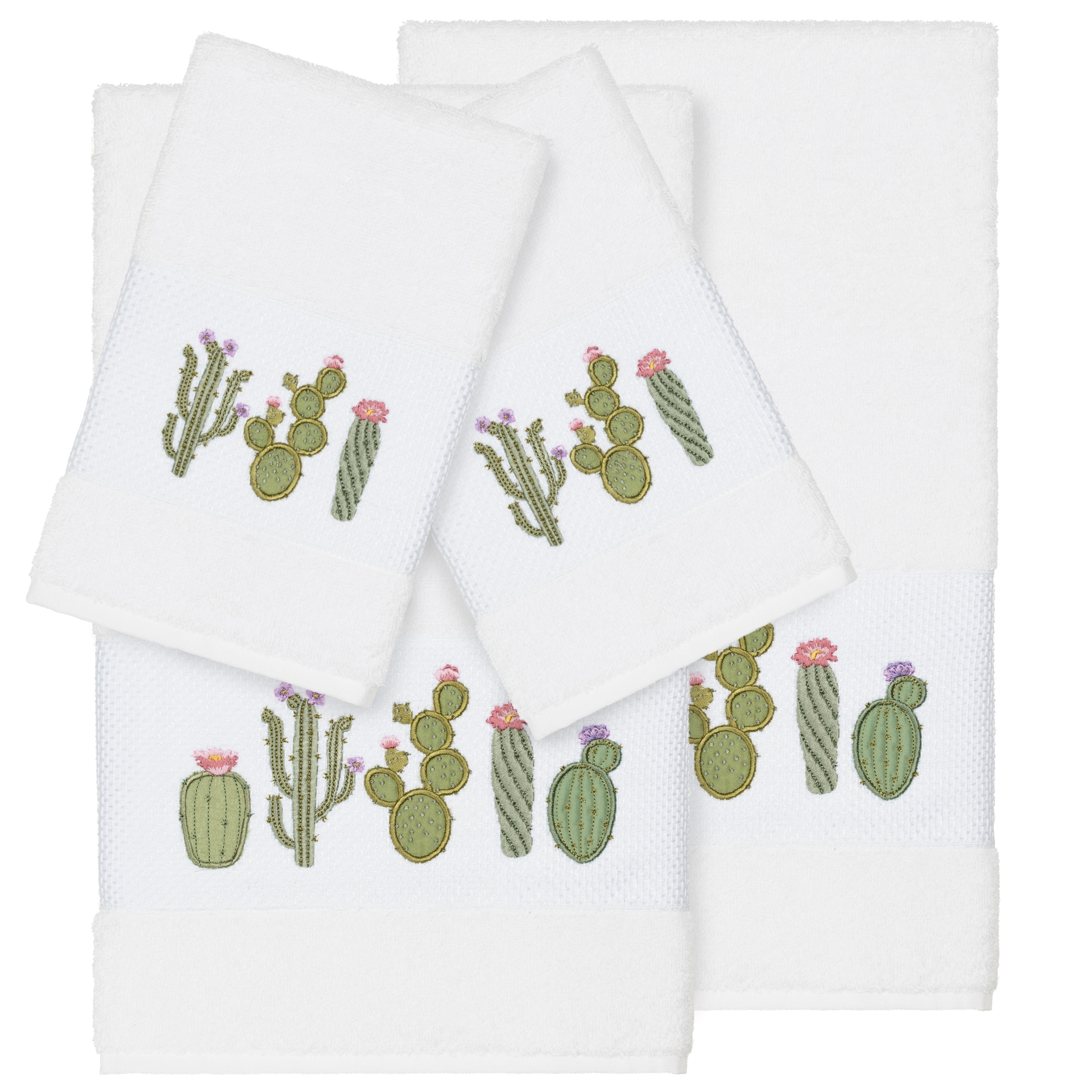 Authentic Hotel And Spa Turkish Cotton Cactus Embroidered White 4 Piece Towel Set