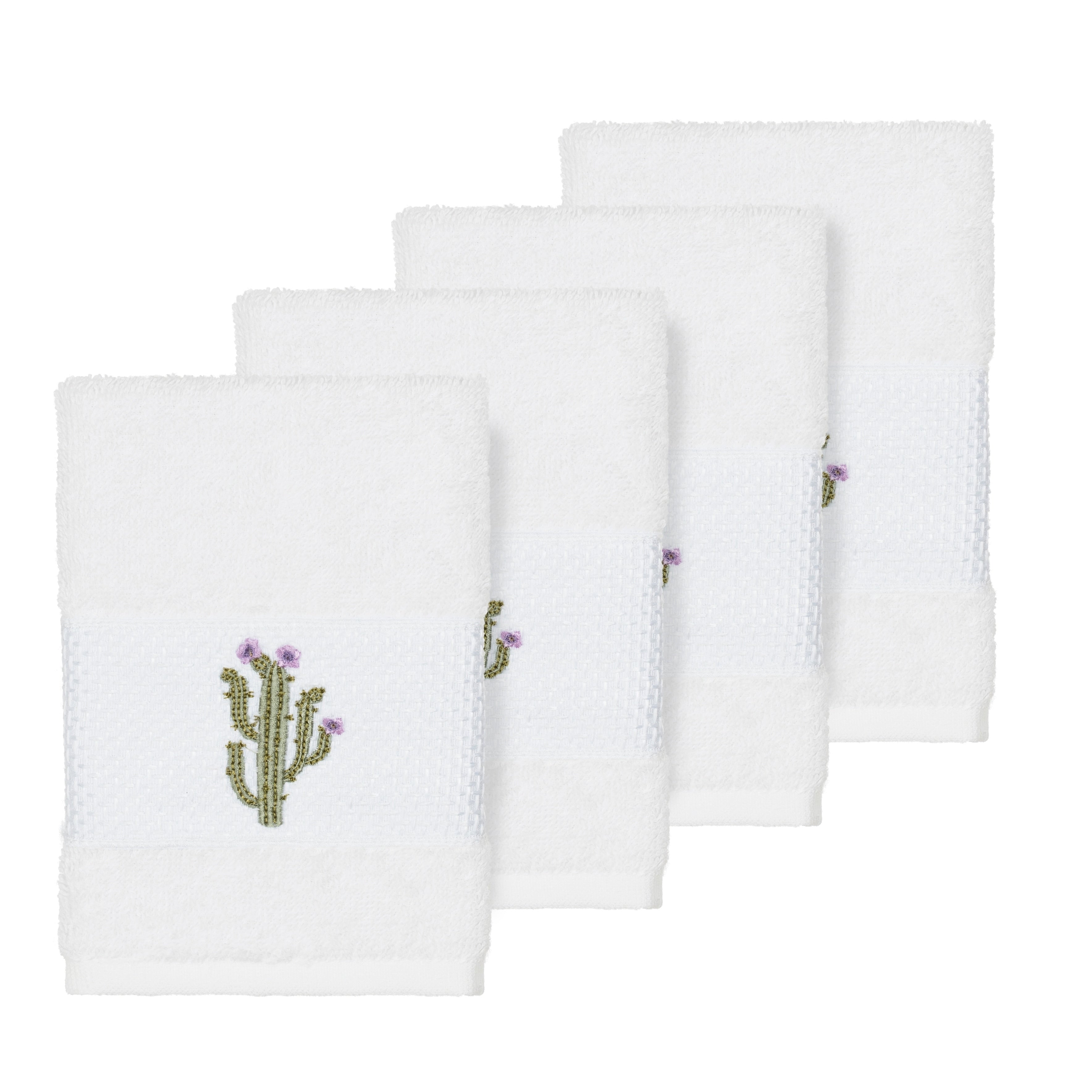 Authentic Hotel And Spa Turkish Cotton Cactus Embroidered White 4 Piece Washcloth Set