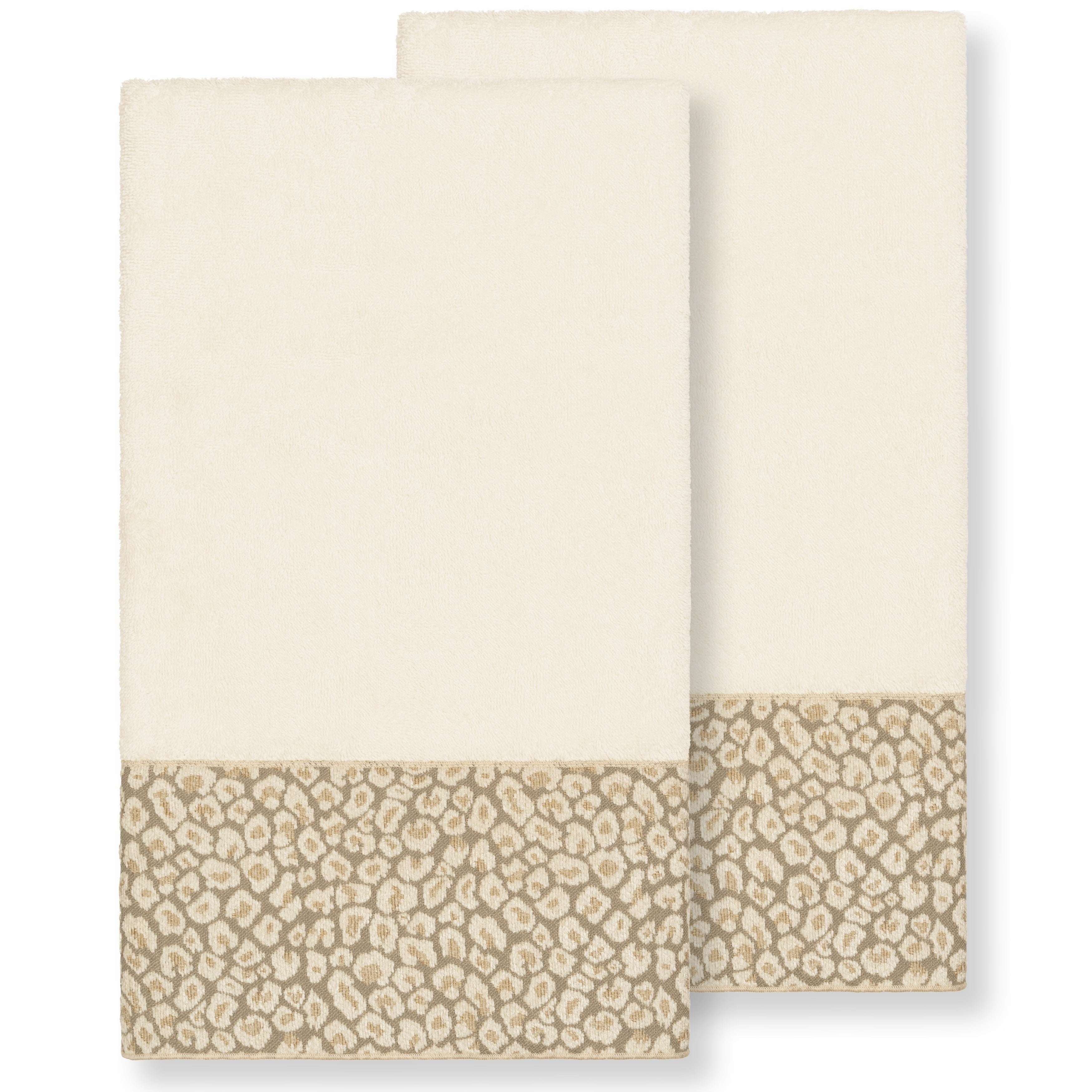 Authentic Hotel And Spa Turkish Cotton Cheetah Jacquard Trim Cream 2 Piece Bath Towel Set