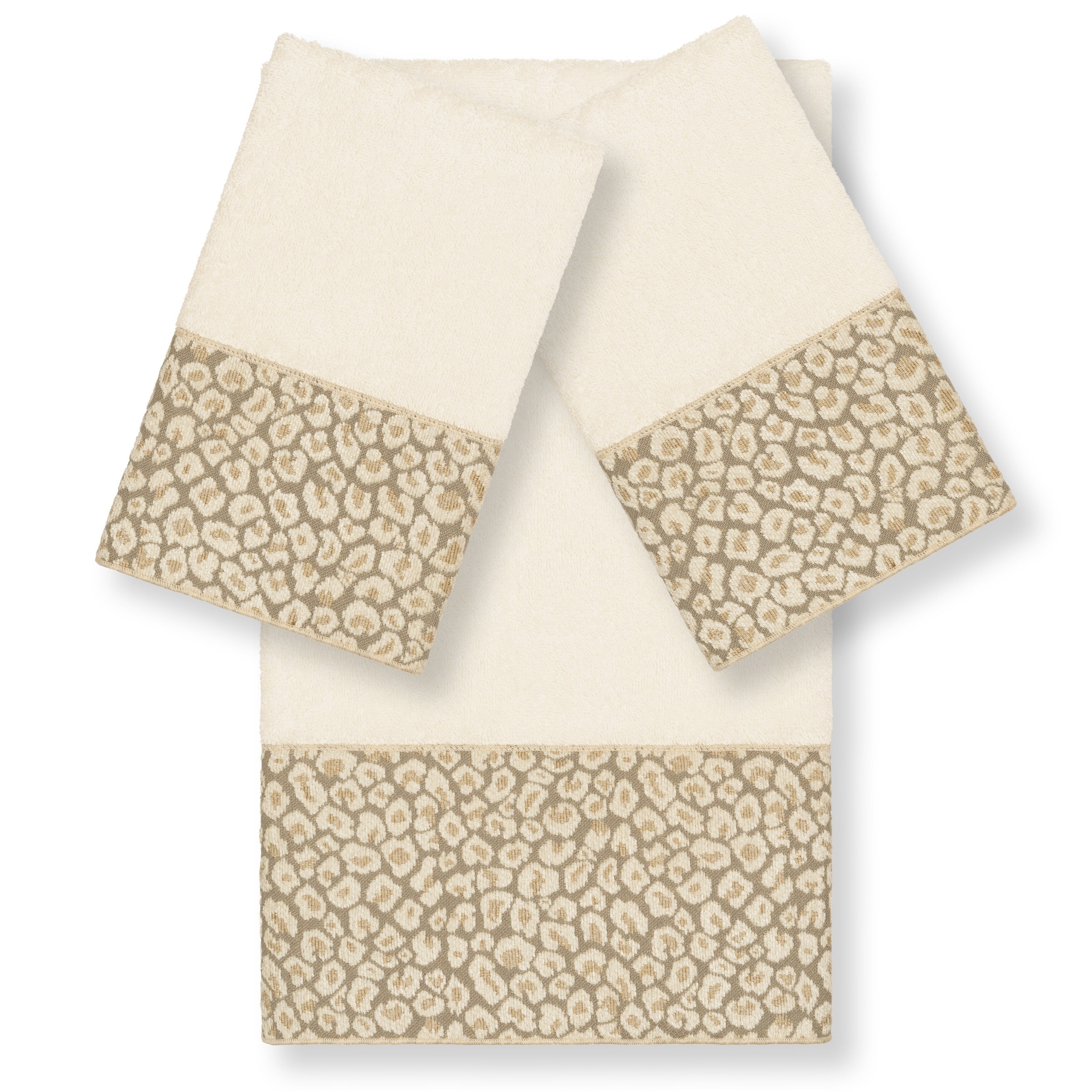 Authentic Hotel And Spa Turkish Cotton Cheetah Jacquard Trim Cream 3 Piece Towel Set