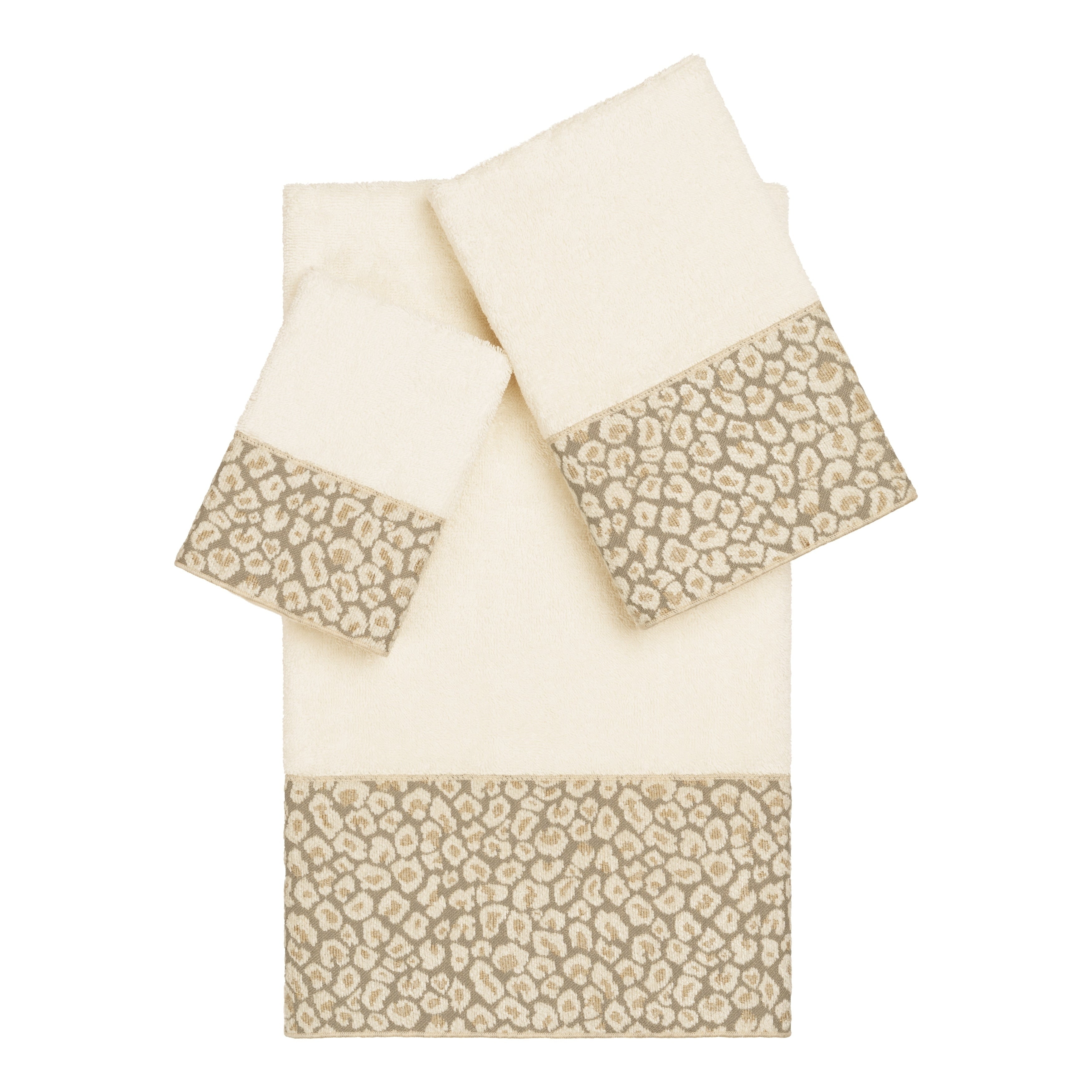 Authentic Hotel And Spa Turkish Cotton Cheetah Jacquard Trim Cream 3 Piece Towel Set