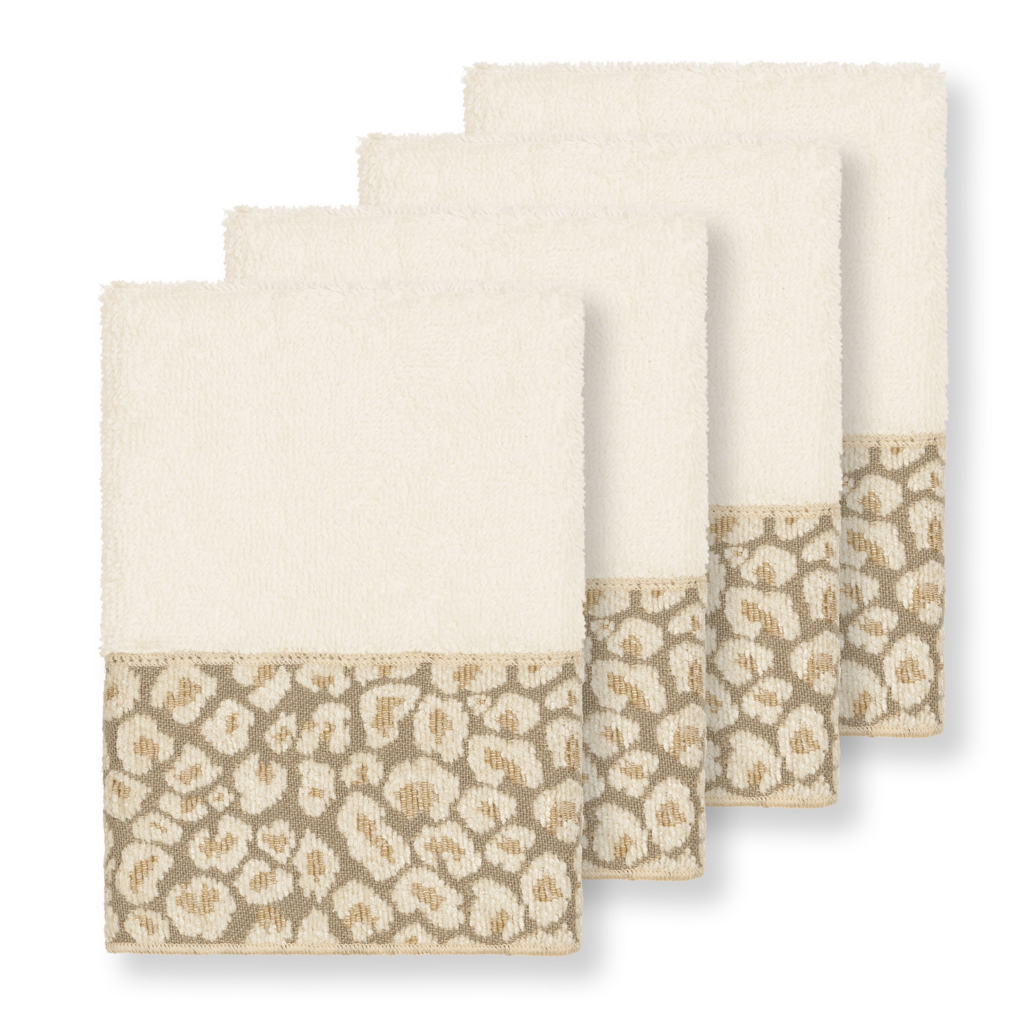 Authentic Hotel And Spa Turkish Cotton Cheetah Jacquard Trim Cream 4 Piece Washcloth Set