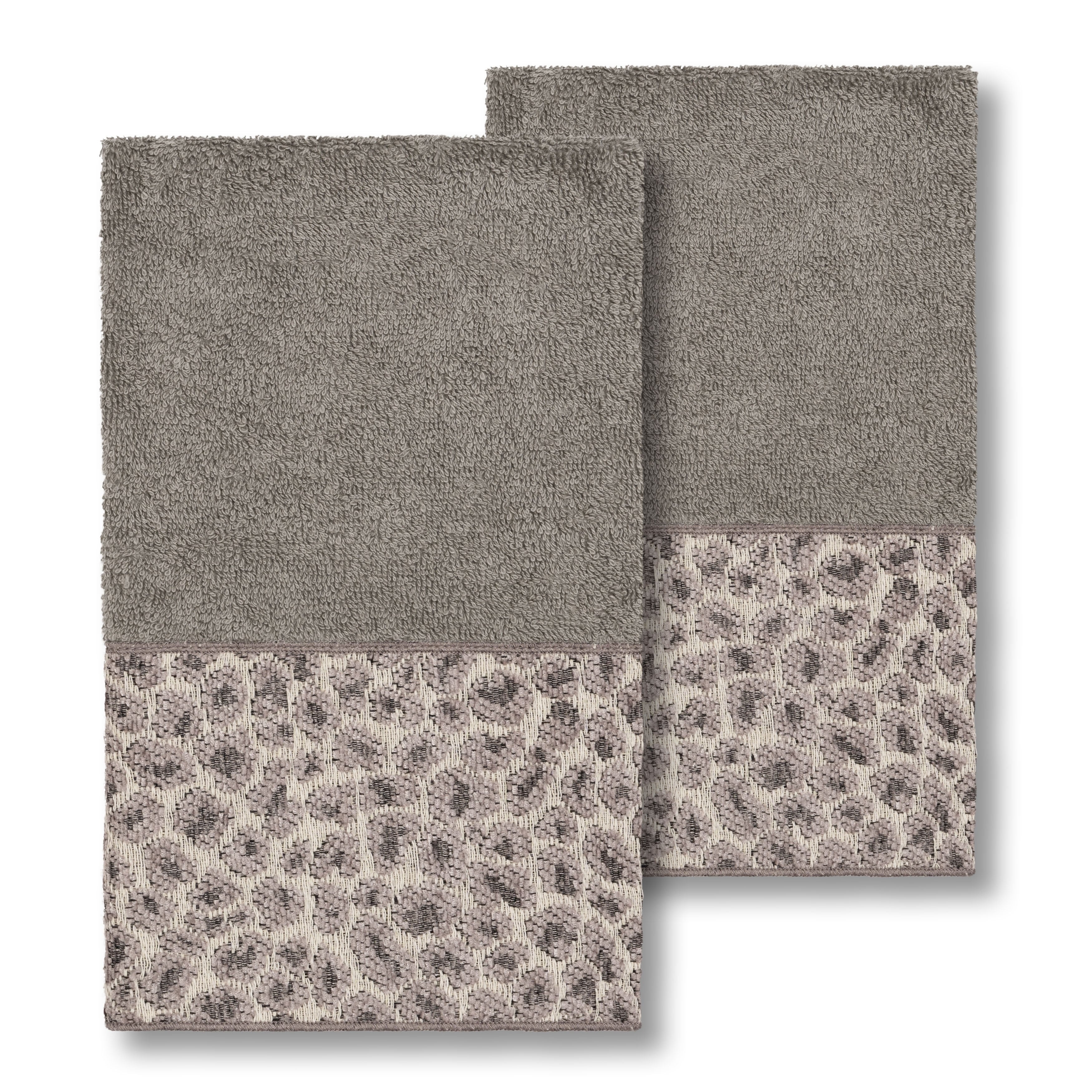 Authentic Hotel And Spa Turkish Cotton Cheetah Jacquard Trim Dark Grey 2 Piece Hand Towel Set