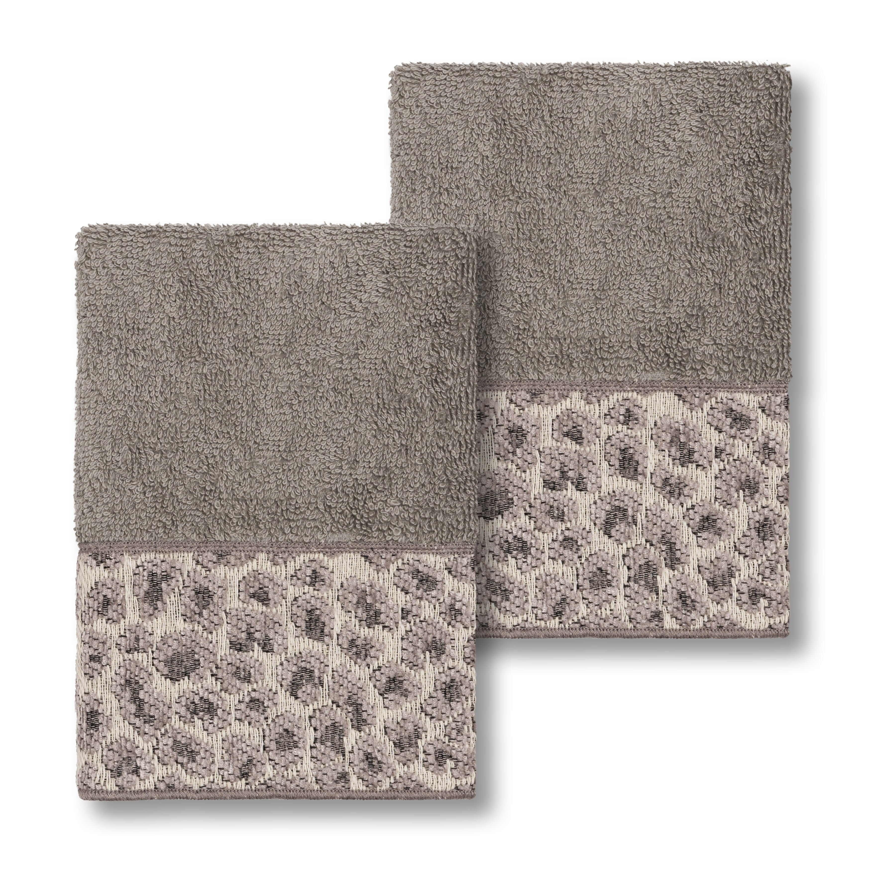 Authentic Hotel And Spa Turkish Cotton Cheetah Jacquard Trim Dark Grey 2 Piece Washcloth Set