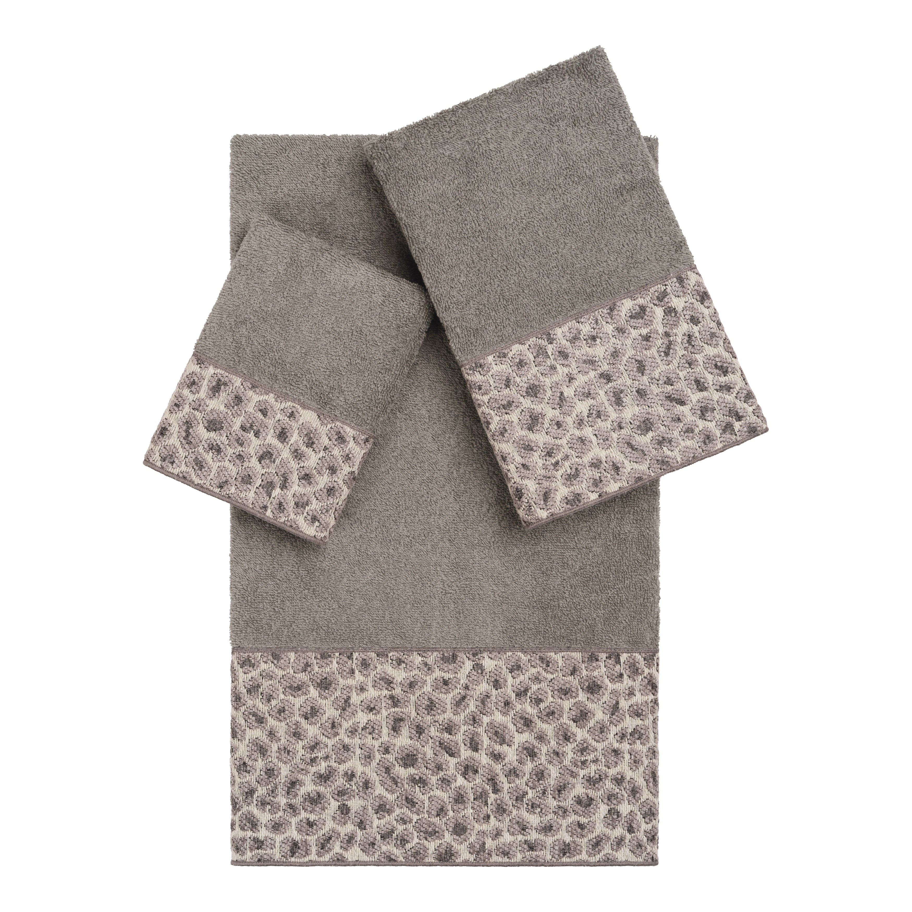 Authentic Hotel And Spa Turkish Cotton Cheetah Jacquard Trim Dark Grey 3 Piece Towel Set