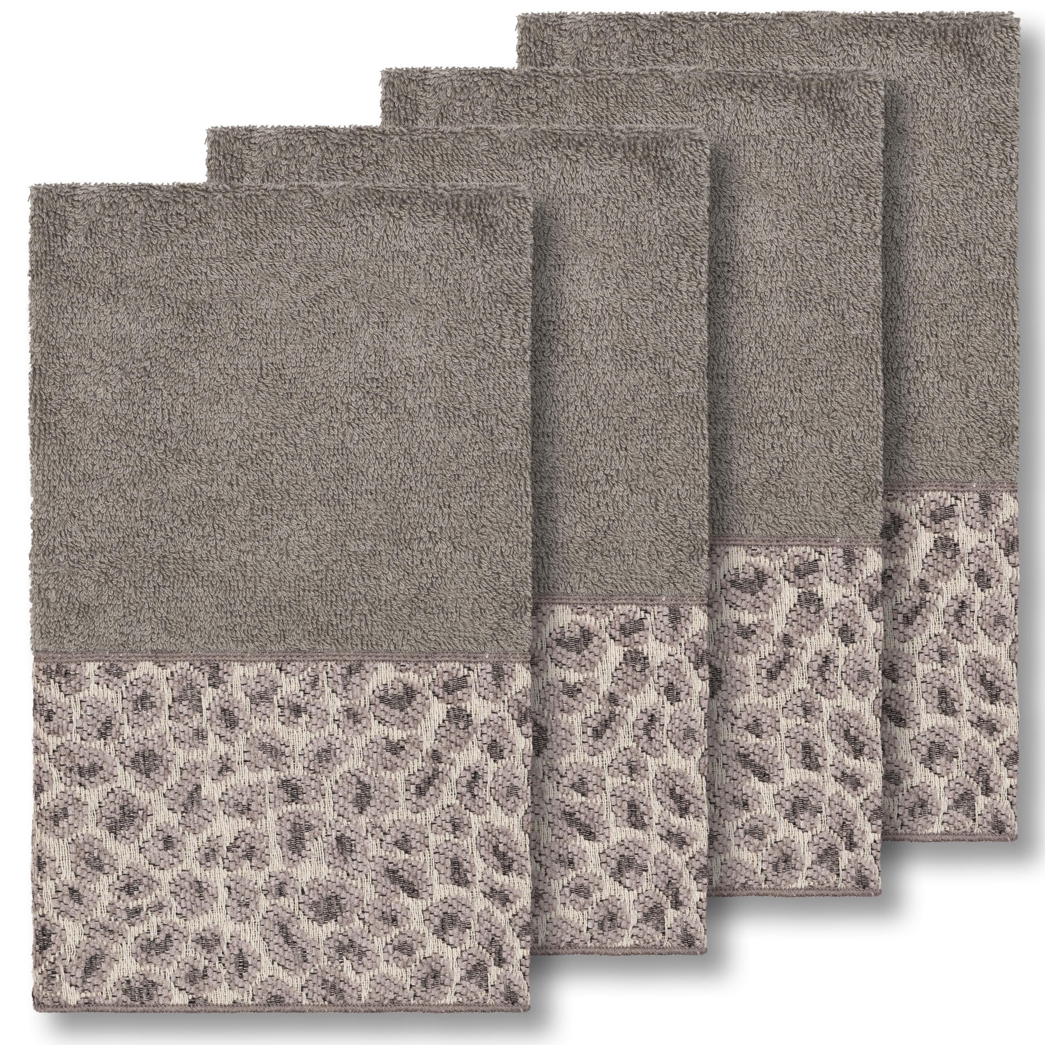 Authentic Hotel And Spa Turkish Cotton Cheetah Jacquard Trim Dark Grey 4 Piece Hand Towel Set