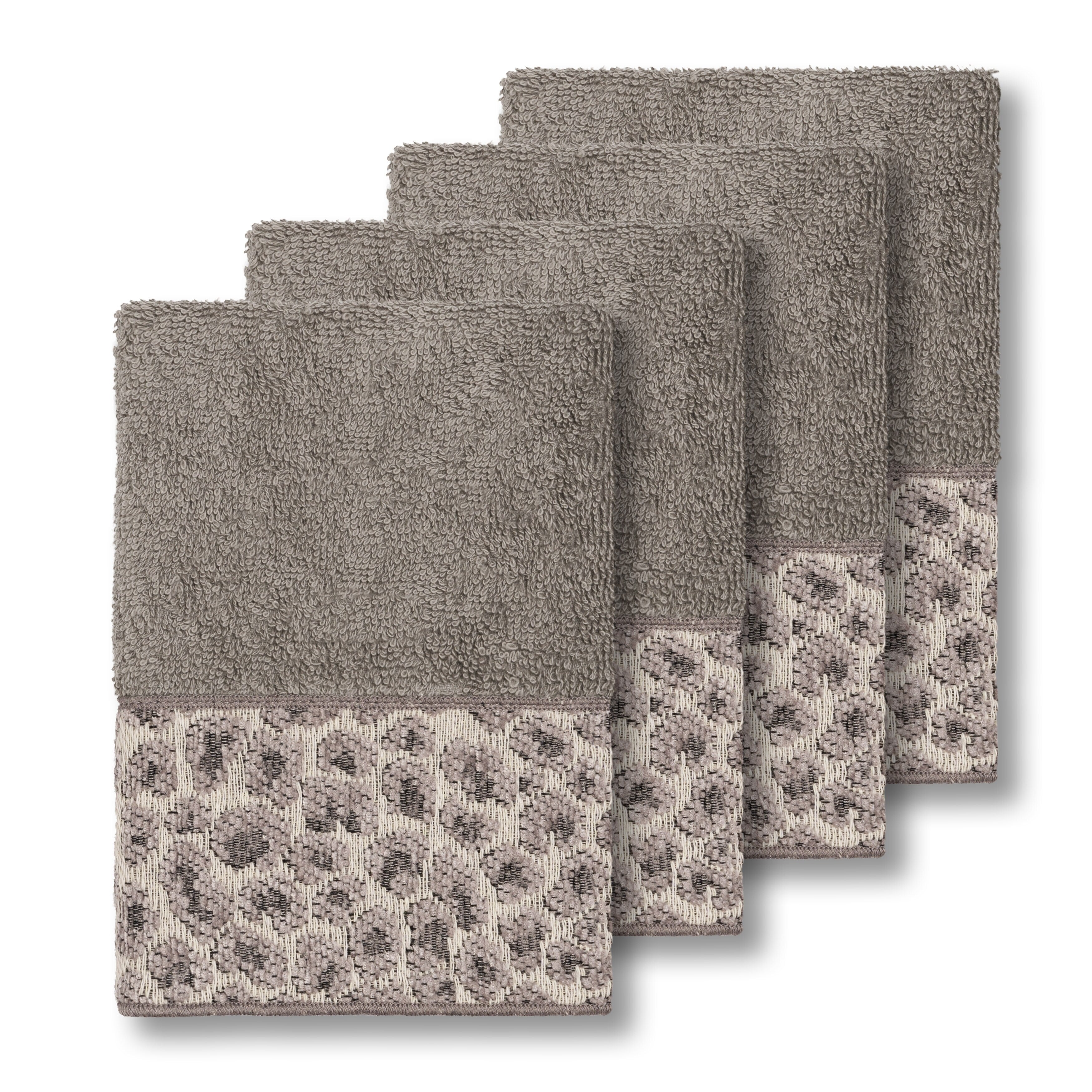 Authentic Hotel And Spa Turkish Cotton Cheetah Jacquard Trim Dark Grey 4 Piece Washcloth Set