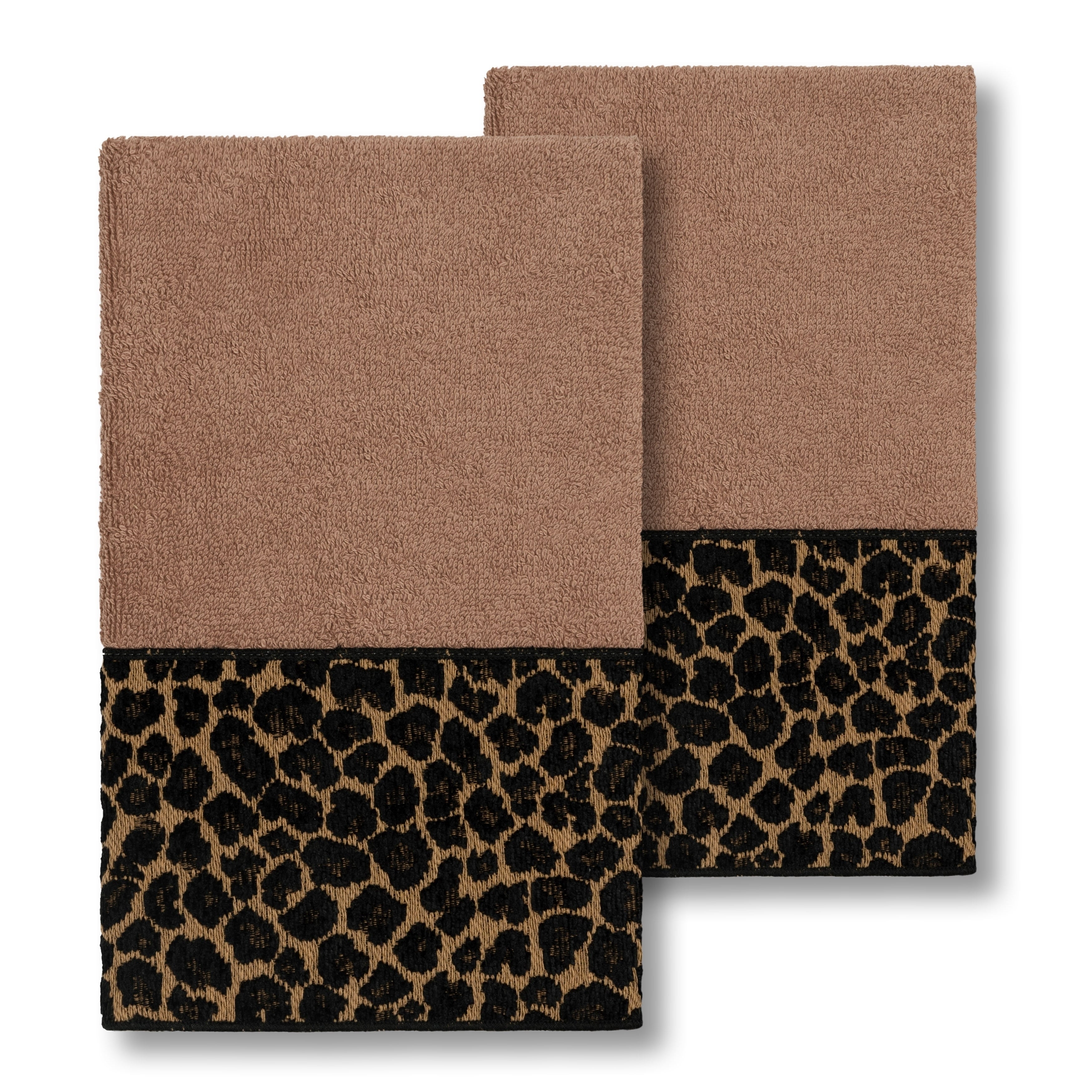 Authentic Hotel And Spa Turkish Cotton Cheetah Jacquard Trim Latte Brown 2 Piece Hand Towel Set