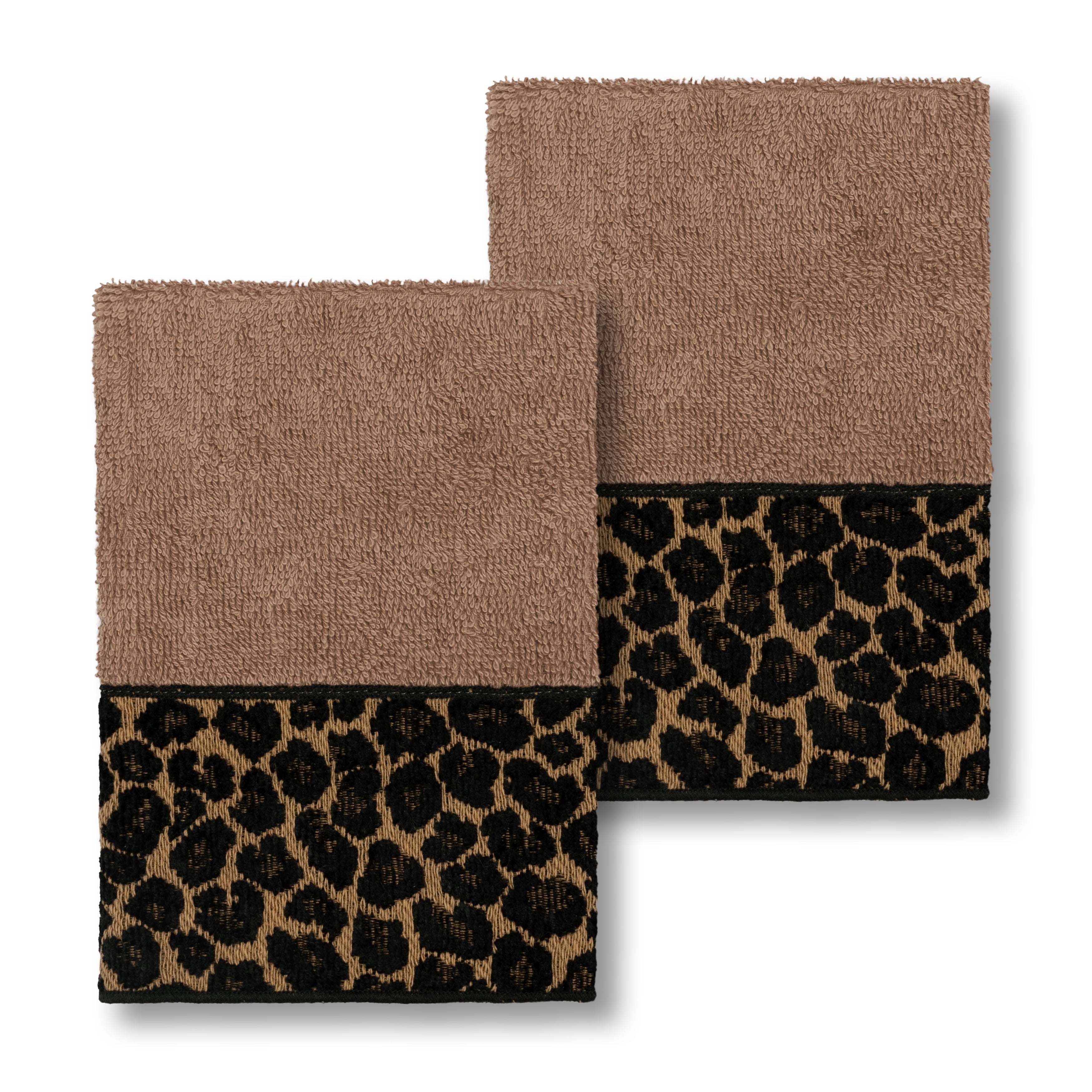 Authentic Hotel And Spa Turkish Cotton Cheetah Jacquard Trim Latte Brown 2 Piece Washcloth Set