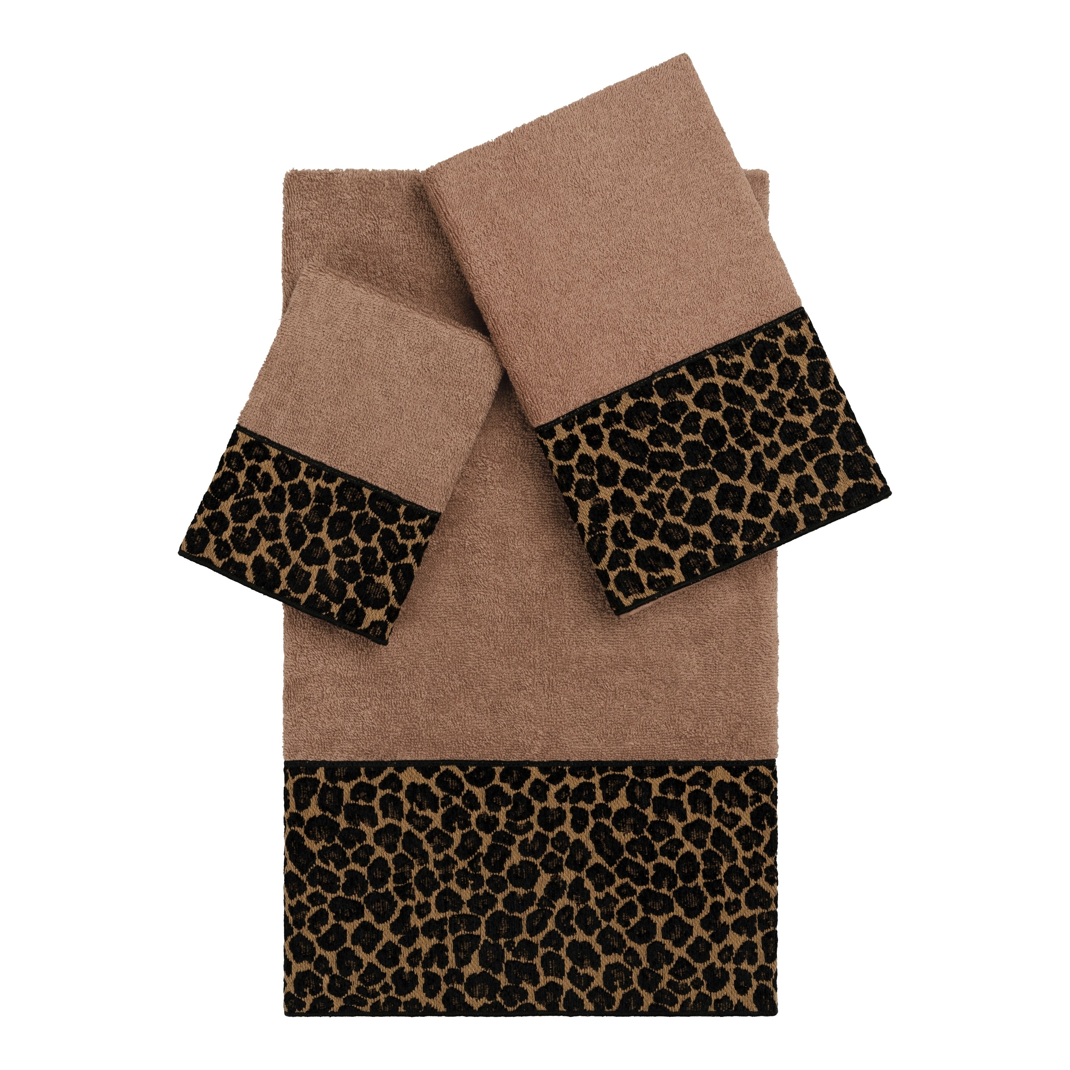 Authentic Hotel And Spa Turkish Cotton Cheetah Jacquard Trim Latte Brown 3 Piece Towel Set