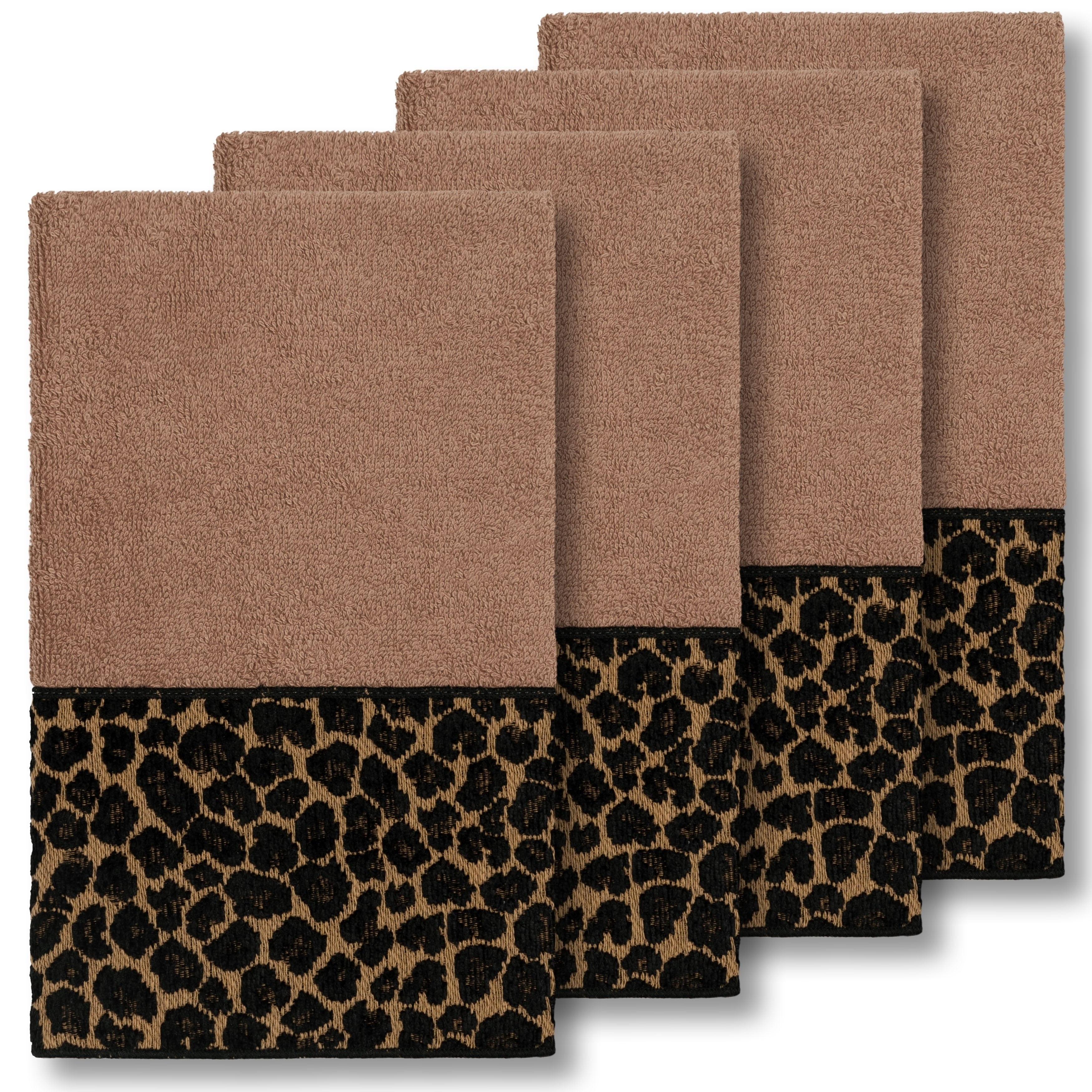 Authentic Hotel And Spa Turkish Cotton Cheetah Jacquard Trim Latte Brown 4 Piece Hand Towel Set