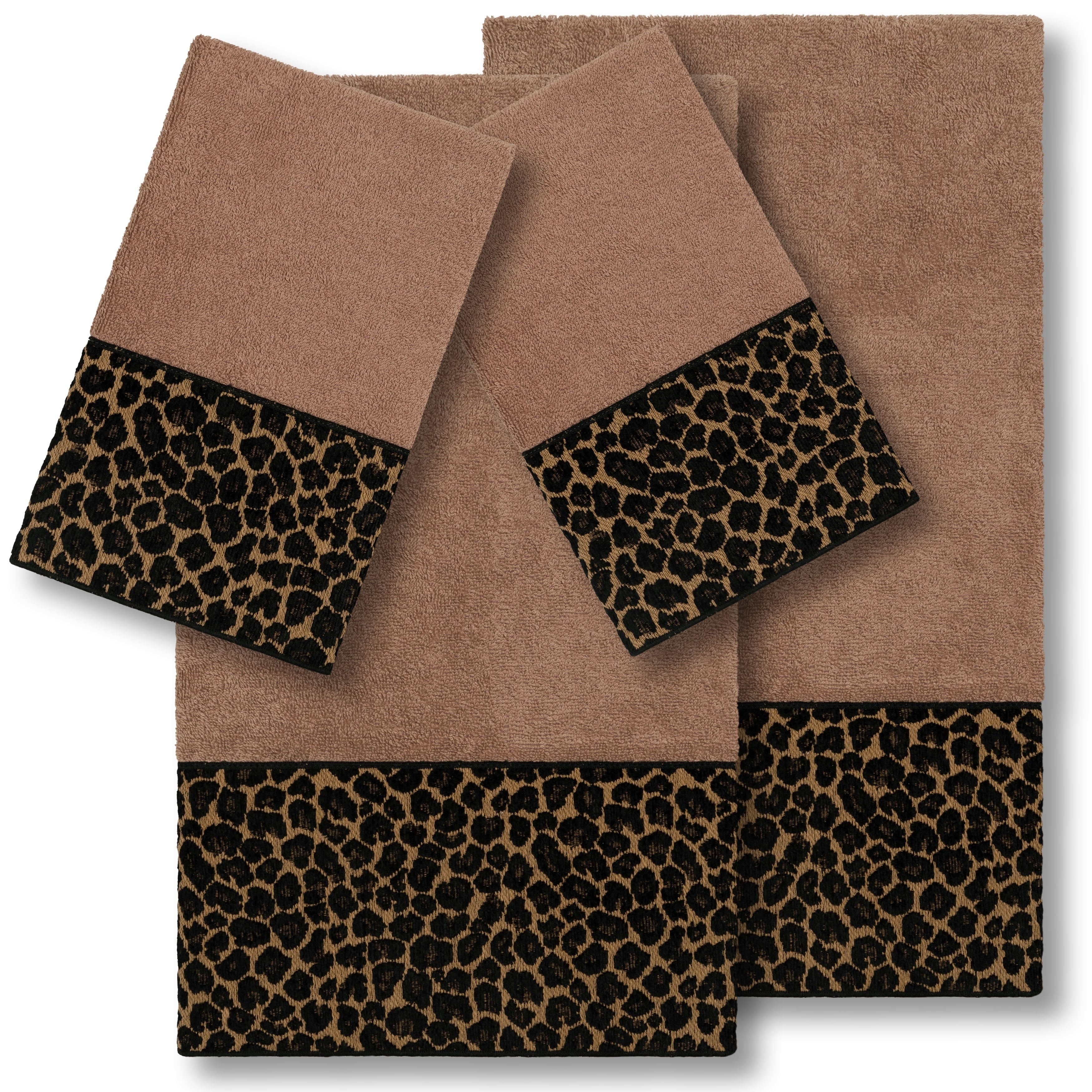 Authentic Hotel And Spa Turkish Cotton Cheetah Jacquard Trim Latte Brown 4 Piece Towel Set