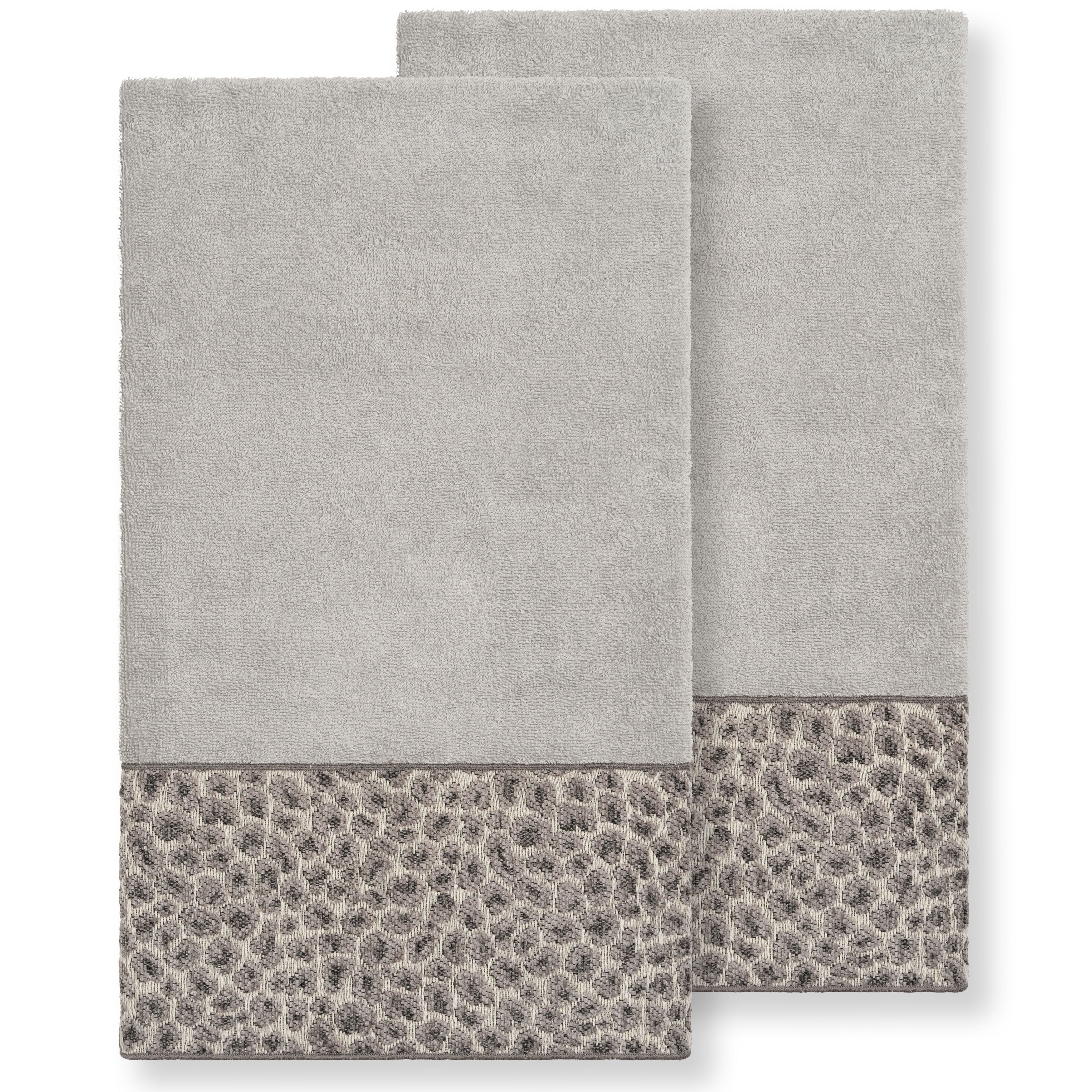 Authentic Hotel And Spa Turkish Cotton Cheetah Jacquard Trim Light Grey 2 Piece Bath Towel Set