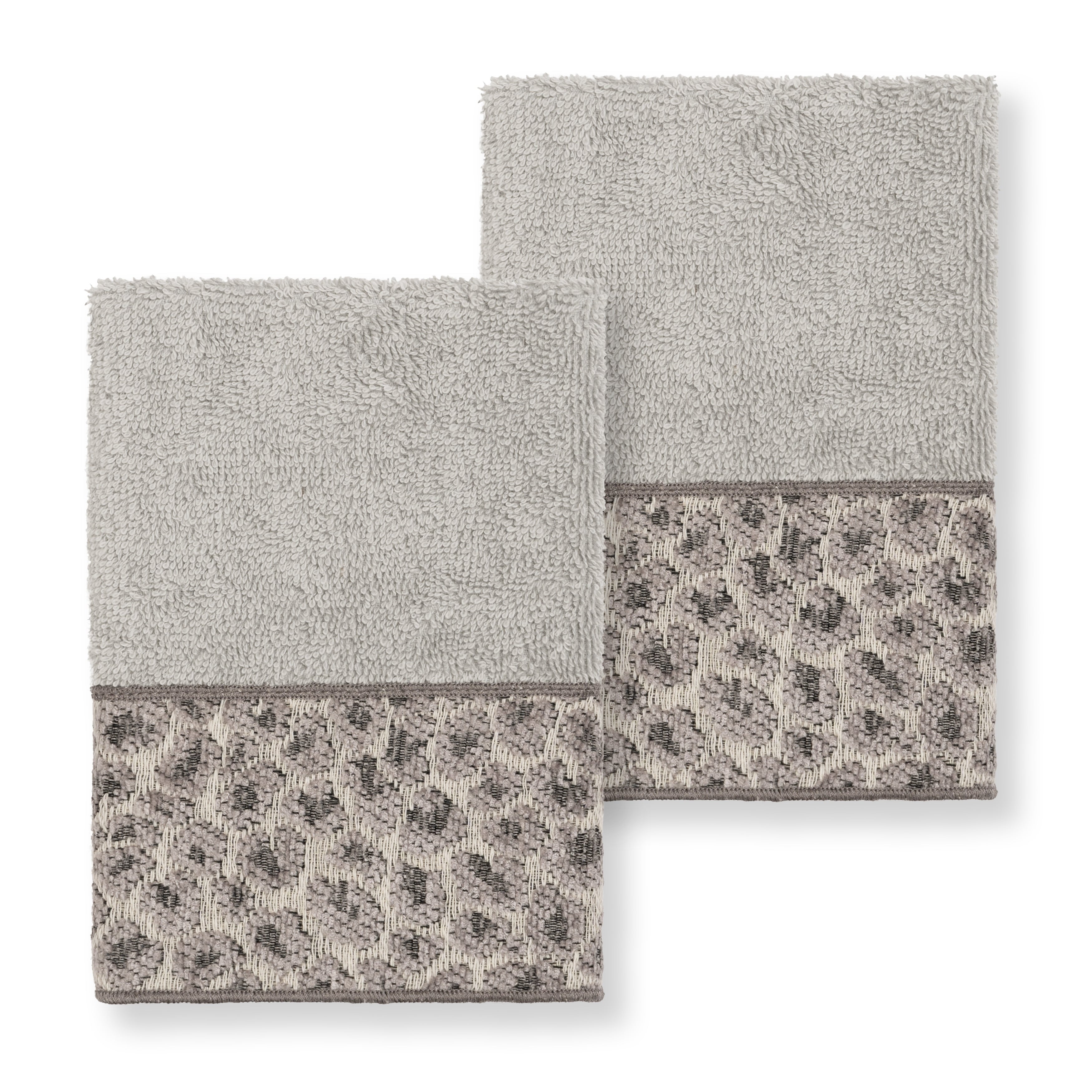 Authentic Hotel And Spa Turkish Cotton Cheetah Jacquard Trim Light Grey 2 Piece Washcloth Set