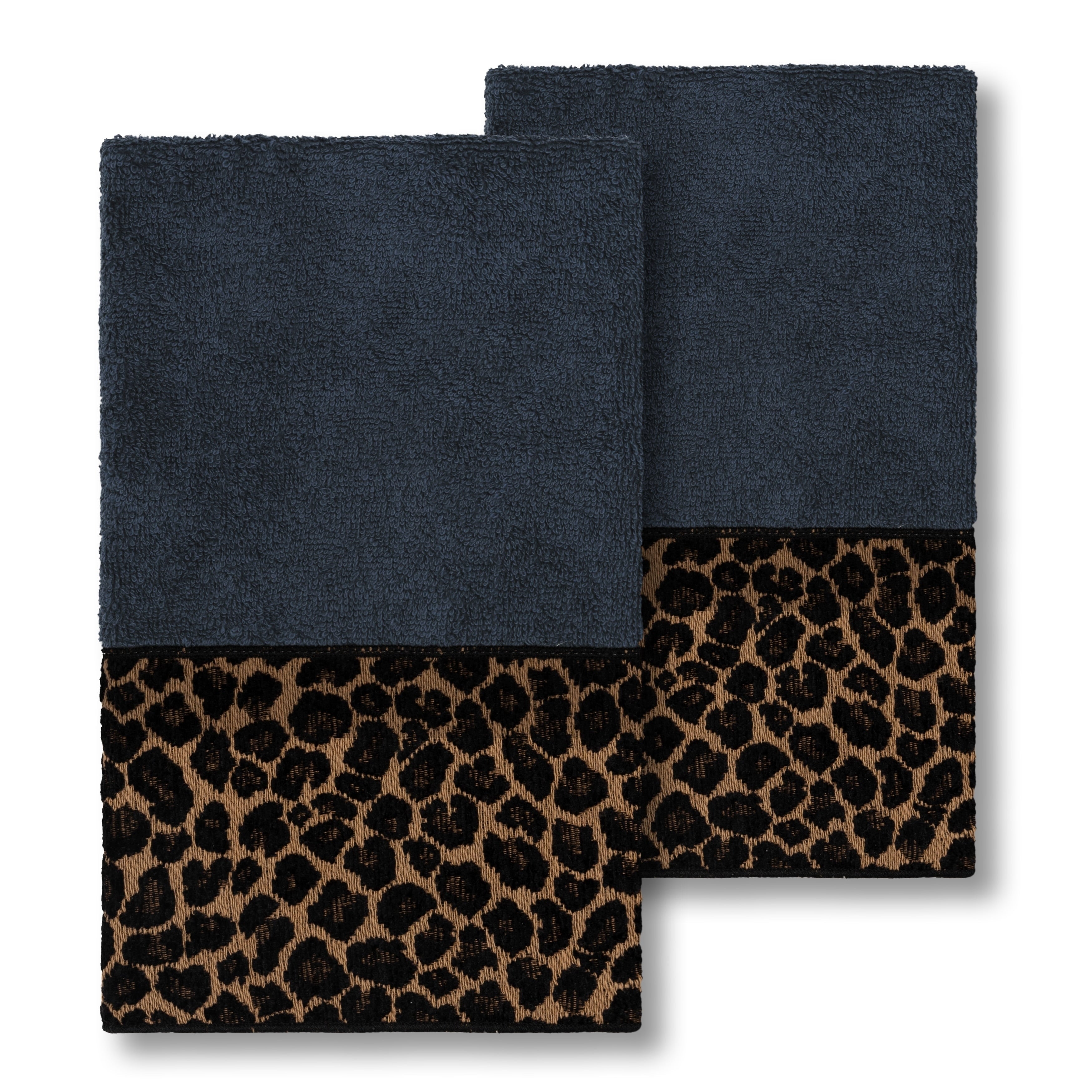 Authentic Hotel And Spa Turkish Cotton Cheetah Jacquard Trim Midnight Blue 2 Piece Hand Towel Set