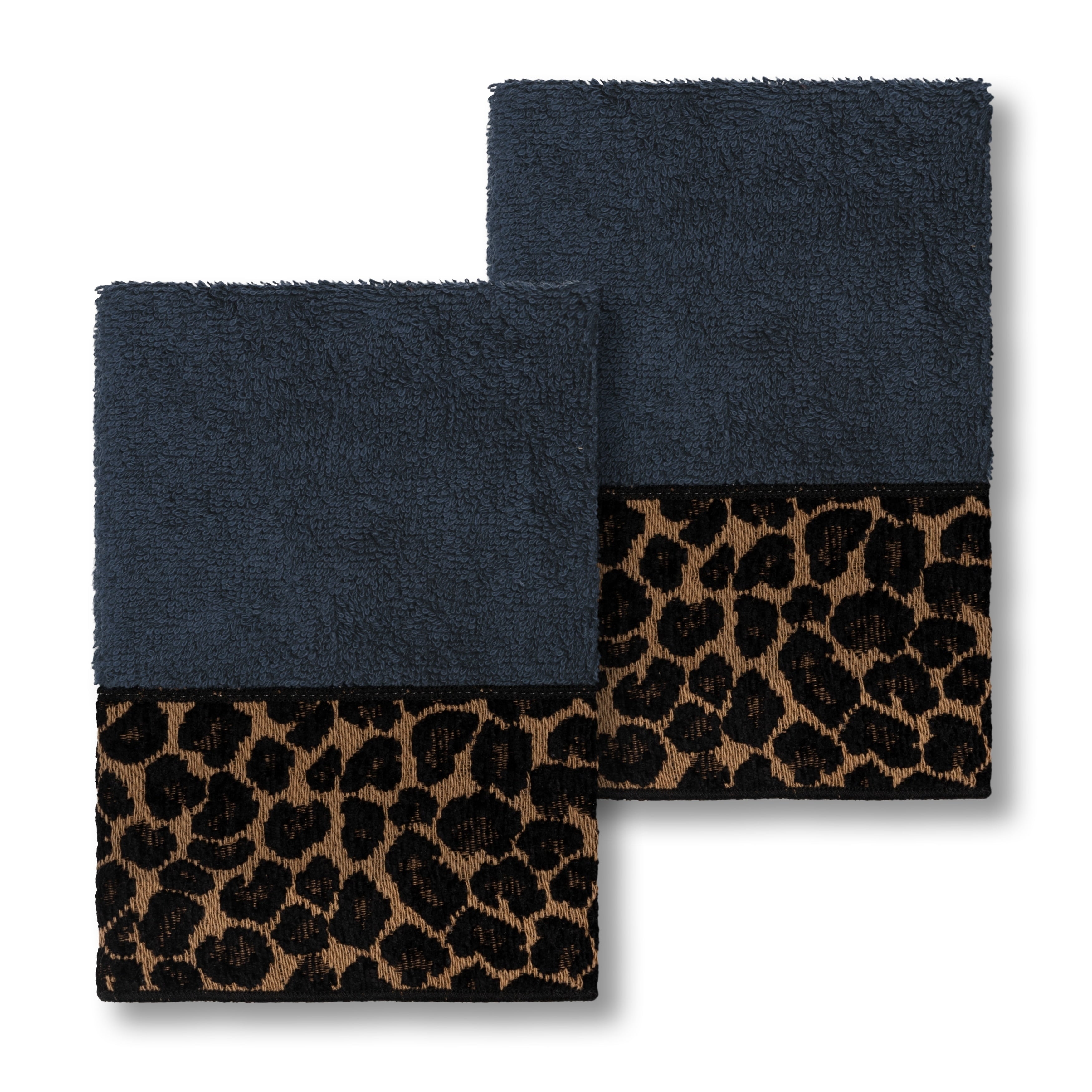 Authentic Hotel And Spa Turkish Cotton Cheetah Jacquard Trim Midnight Blue 2 Piece Washcloth Set