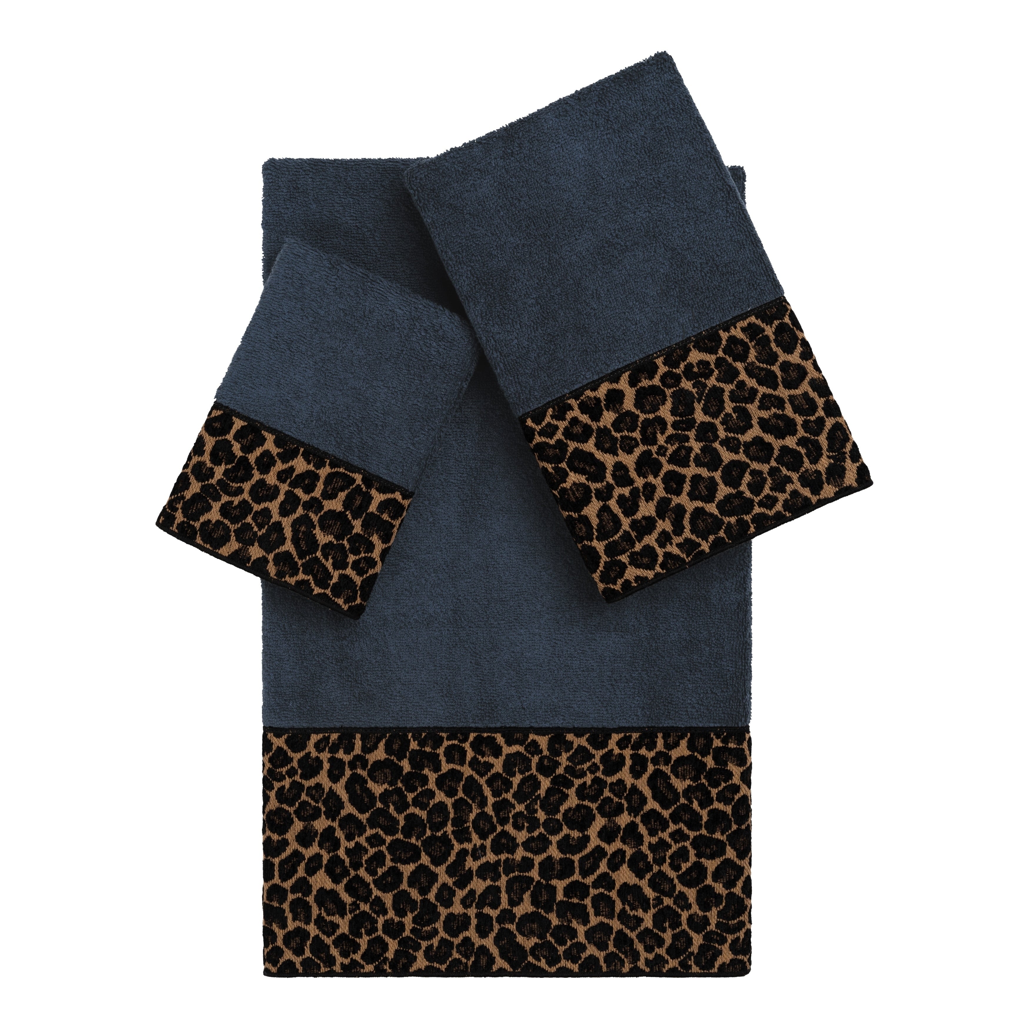 Authentic Hotel And Spa Turkish Cotton Cheetah Jacquard Trim Midnight Blue 3 Piece Towel Set