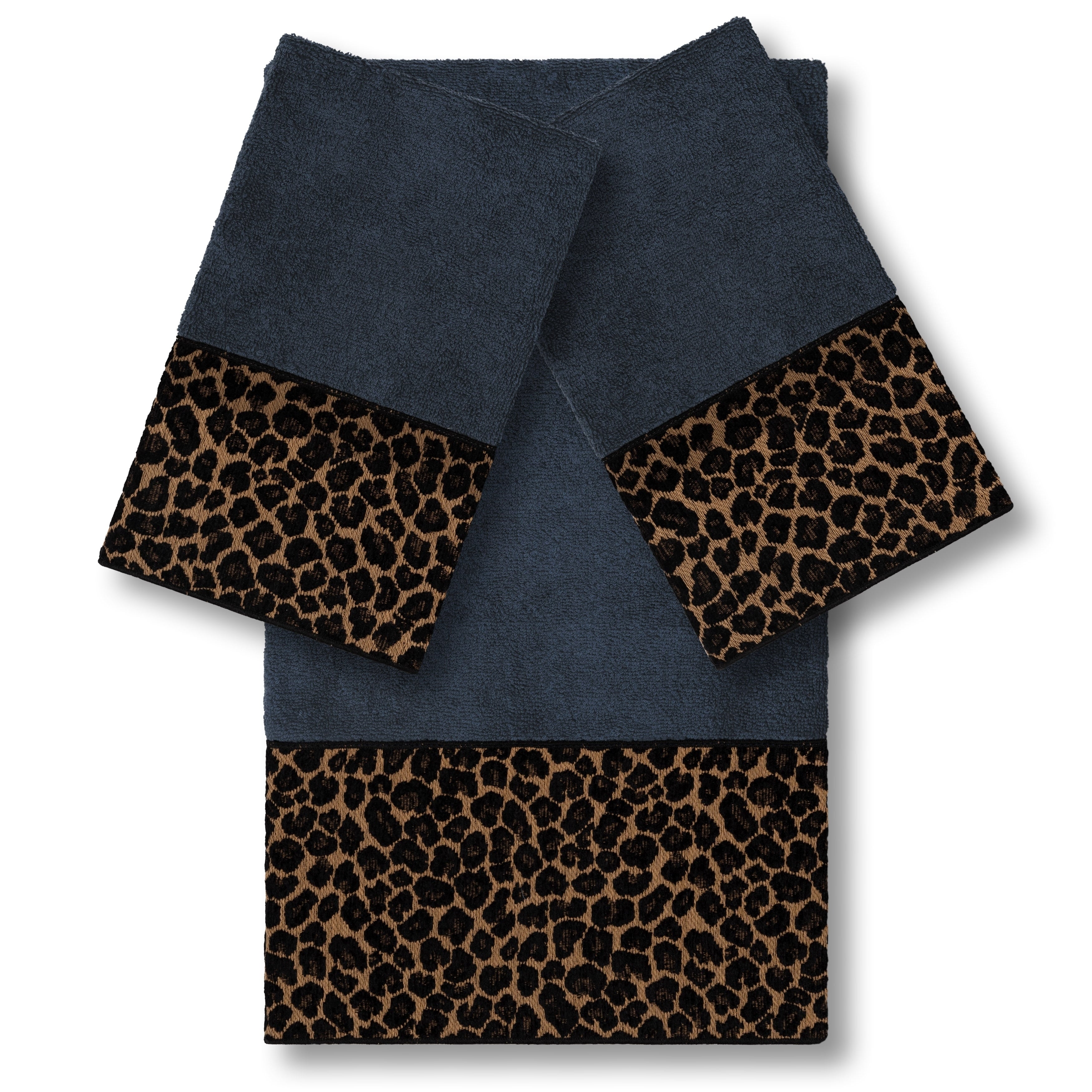 Authentic Hotel And Spa Turkish Cotton Cheetah Jacquard Trim Midnight Blue 3 Piece Towel Set