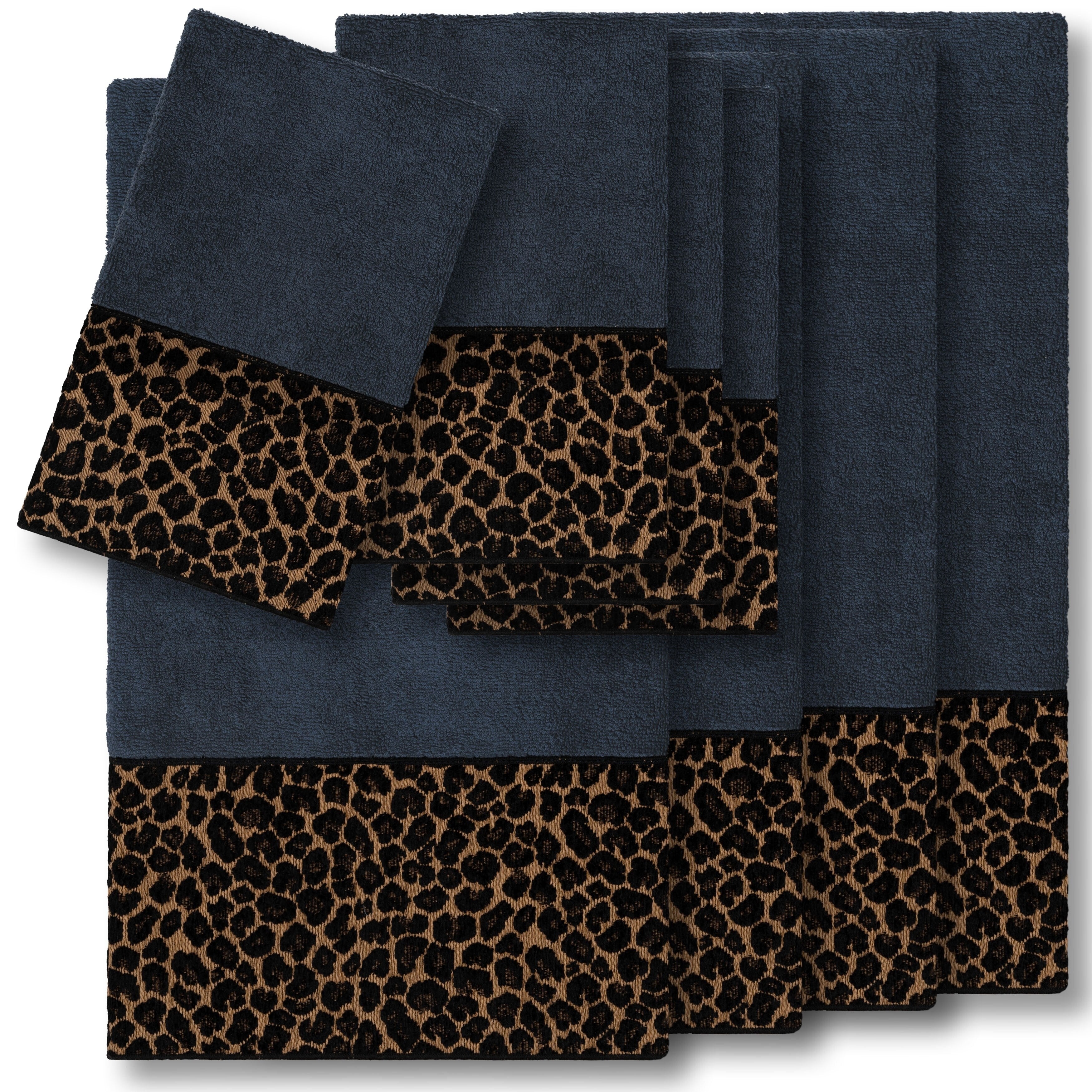 Authentic Hotel And Spa Turkish Cotton Cheetah Jacquard Trim Midnight Blue 8 Piece Towel Set