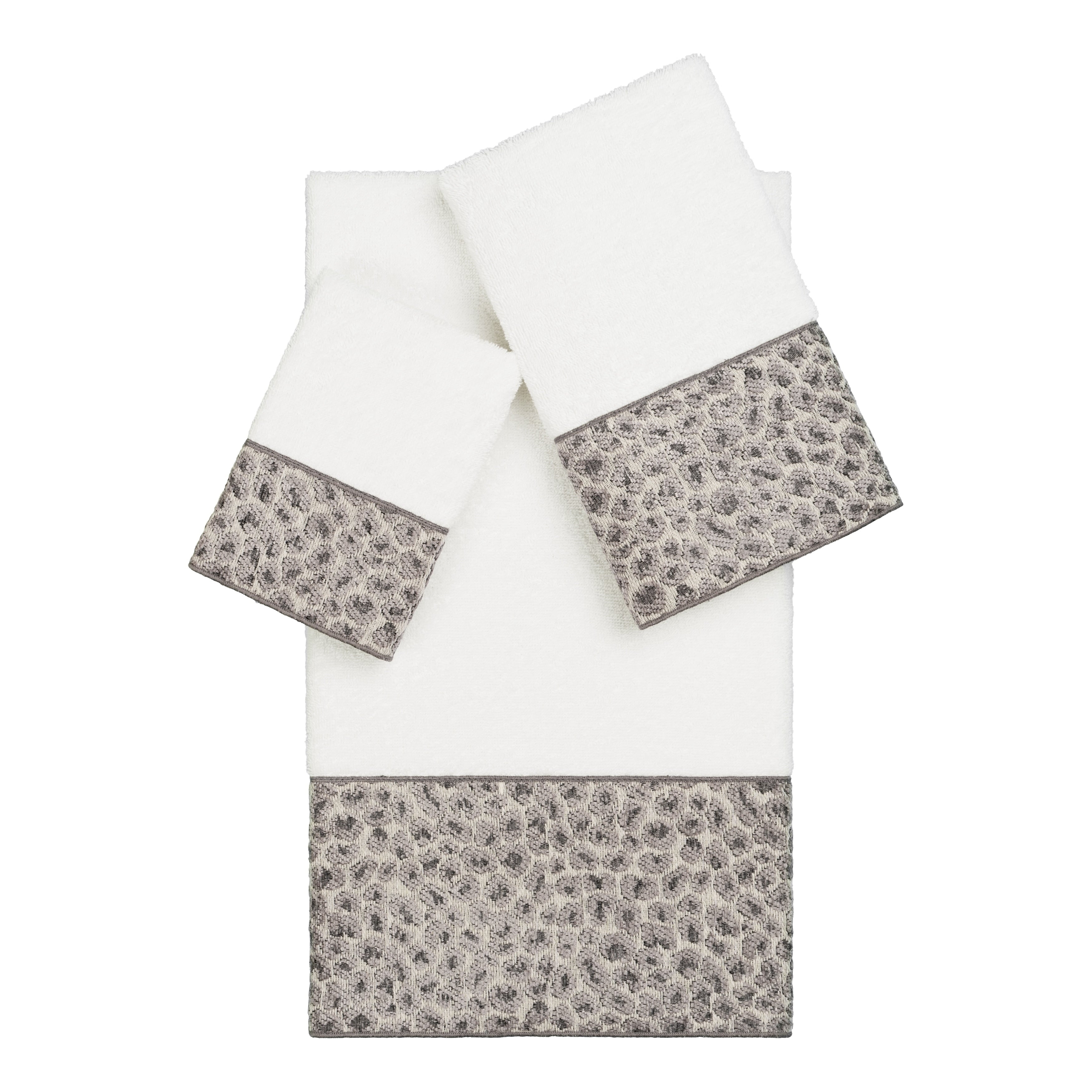 Authentic Hotel And Spa Turkish Cotton Cheetah Jacquard Trim White 3 Piece Towel Set