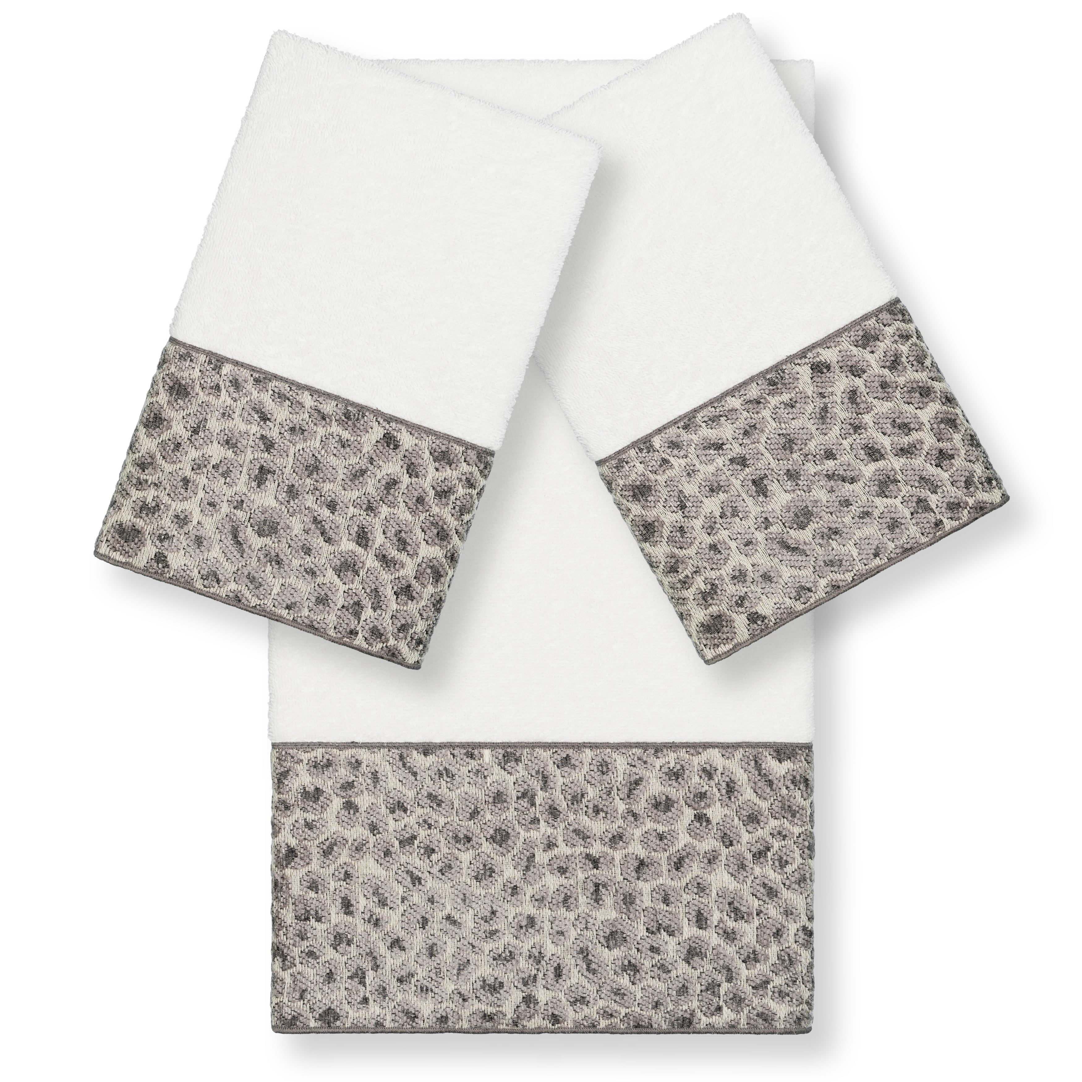 Authentic Hotel And Spa Turkish Cotton Cheetah Jacquard Trim White 3 Piece Towel Set