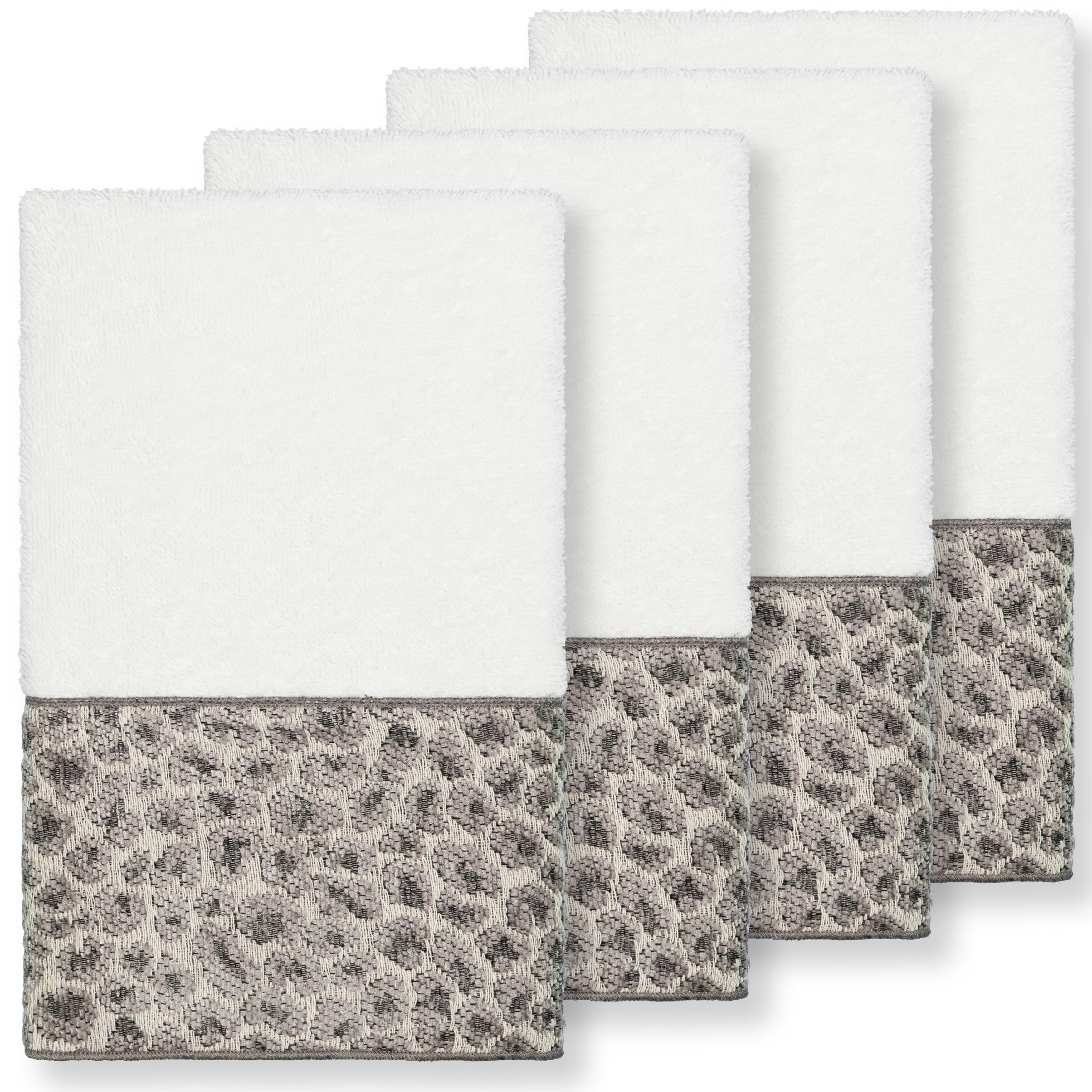 Authentic Hotel And Spa Turkish Cotton Cheetah Jacquard Trim White 4 Piece Hand Towel Set