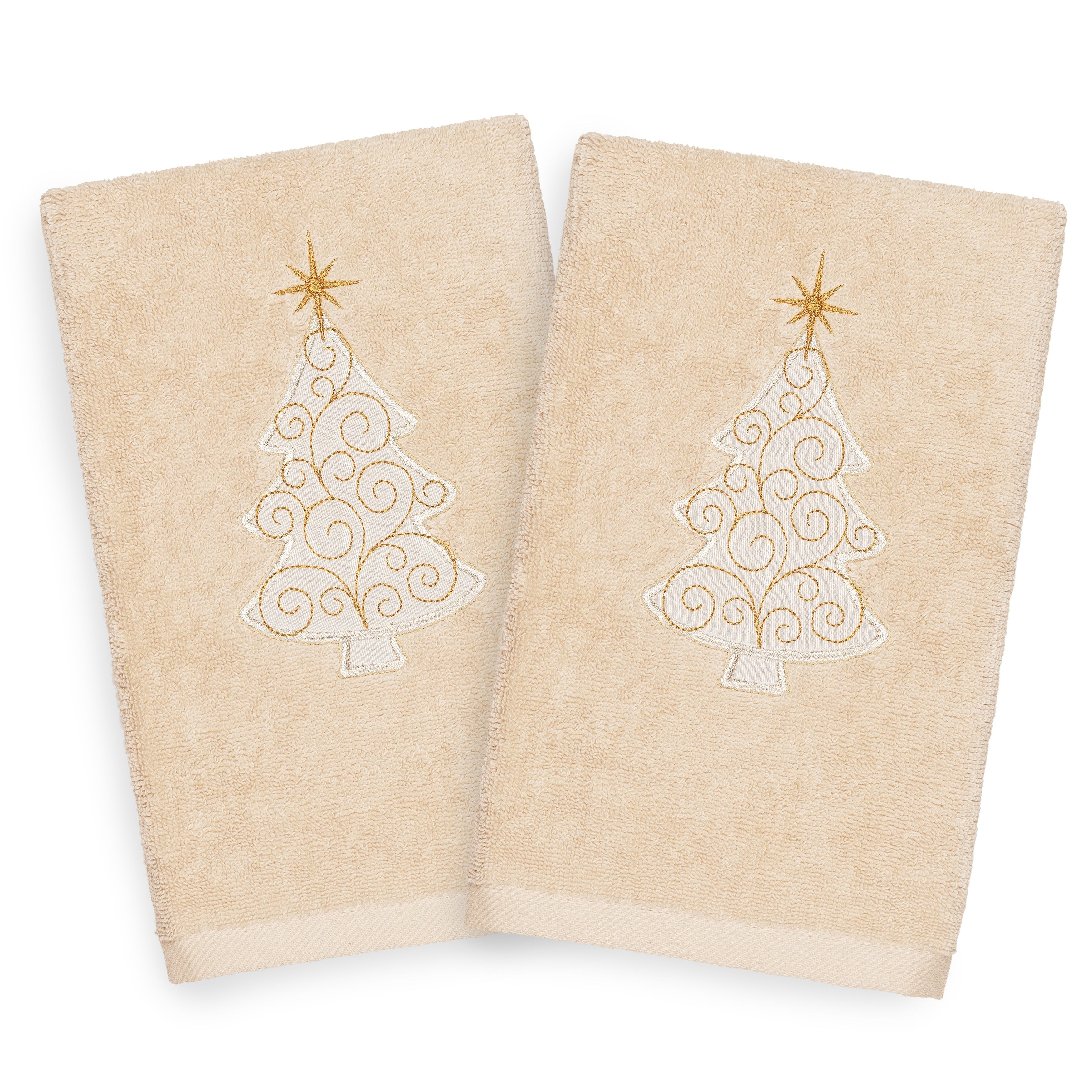 Authentic Hotel And Spa Turkish Cotton Christmas Scroll Tree Beige Set Of 2 Hand Towels