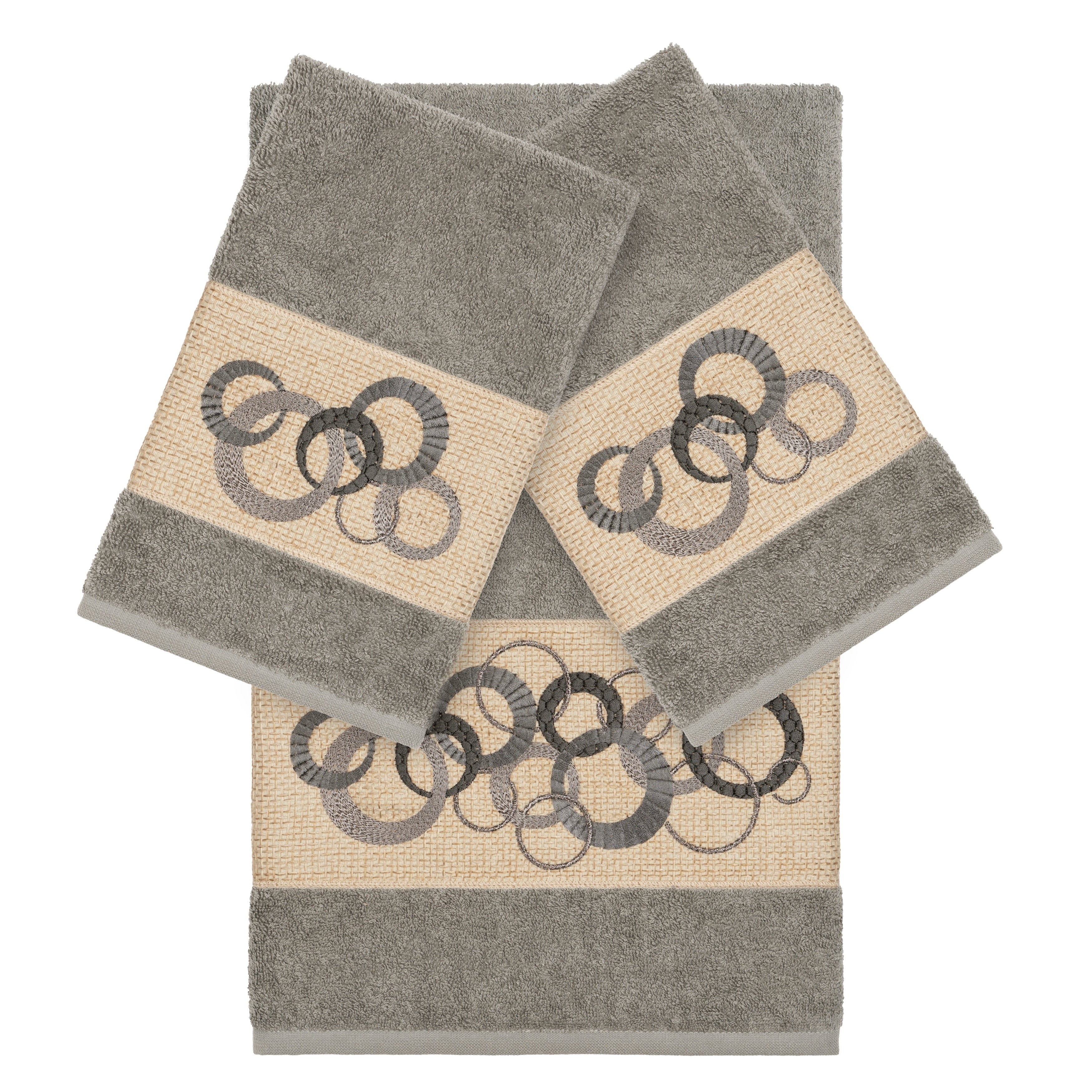 Authentic Hotel And Spa Turkish Cotton Circles Embroidered Dark Grey 3 Piece Towel Set