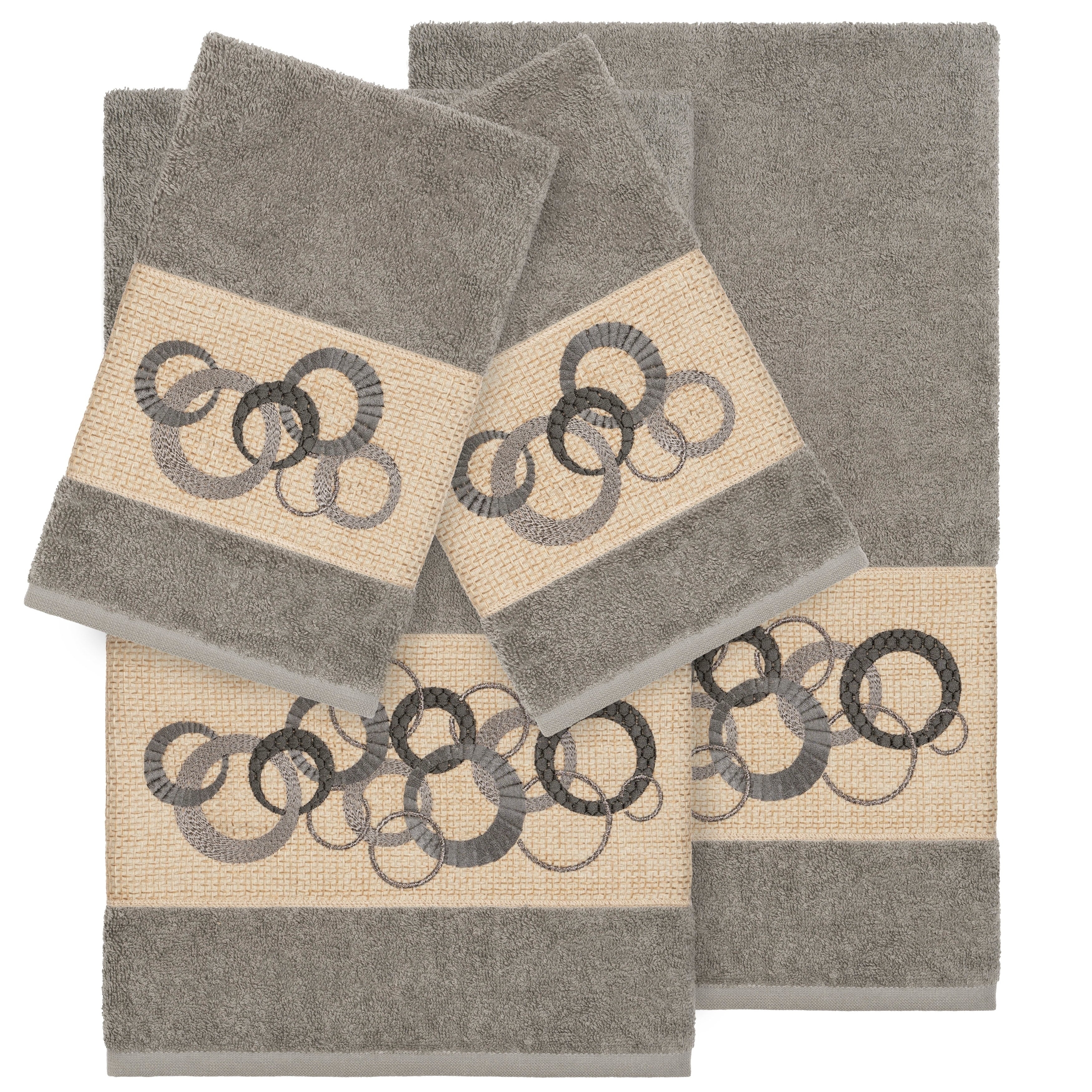 Authentic Hotel And Spa Turkish Cotton Circles Embroidered Dark Grey 4 Piece Towel Set