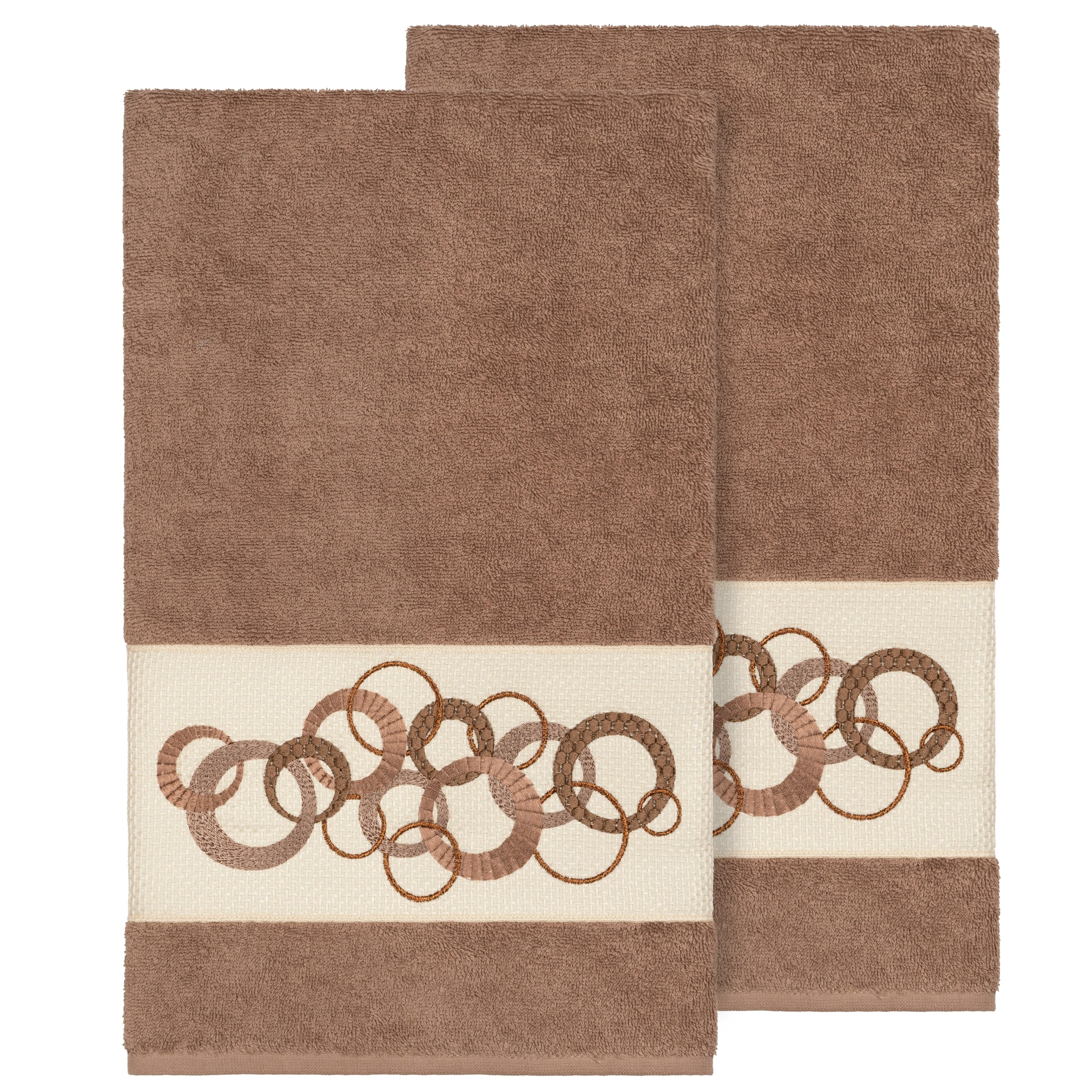 Authentic Hotel And Spa Turkish Cotton Circles Embroidered Latte Brown 2 Piece Bath Towel Set