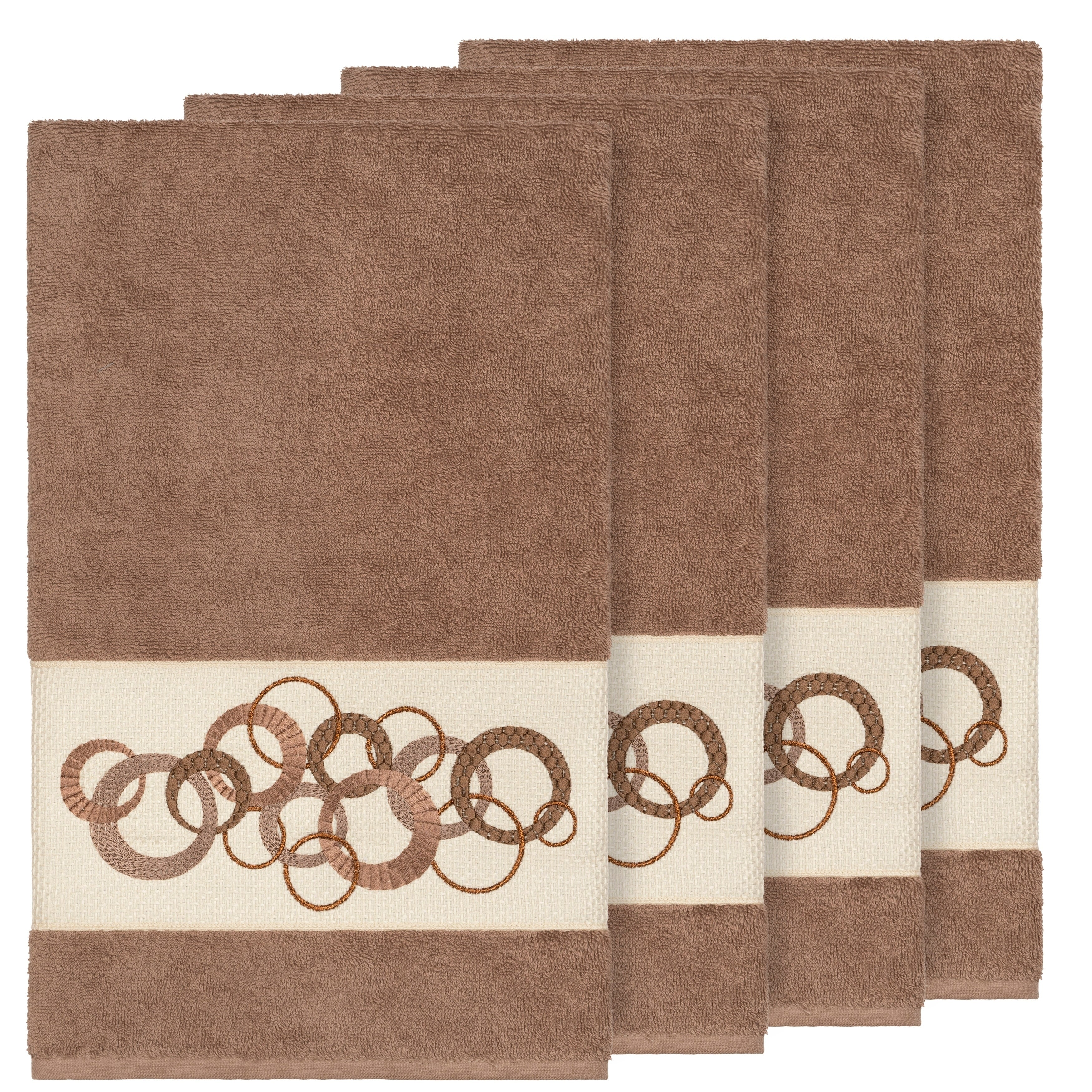 Authentic Hotel And Spa Turkish Cotton Circles Embroidered Latte Brown 4 Piece Bath Towel Set