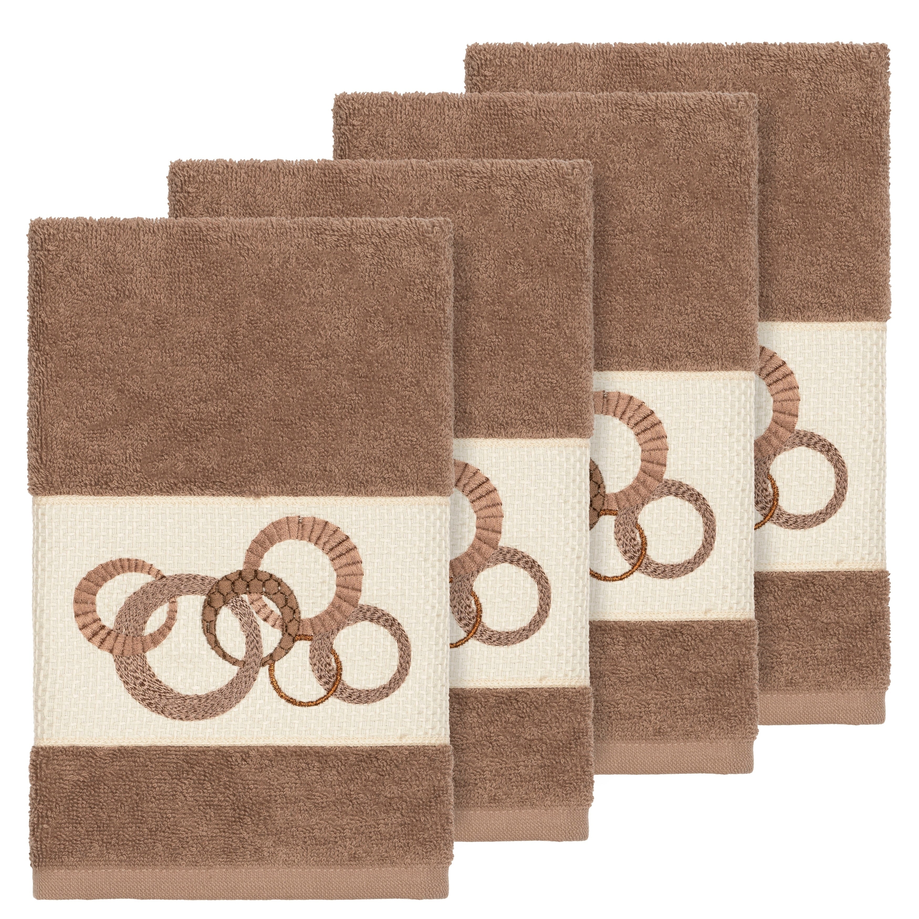Authentic Hotel And Spa Turkish Cotton Circles Embroidered Latte Brown 4 Piece Hand Towel Set