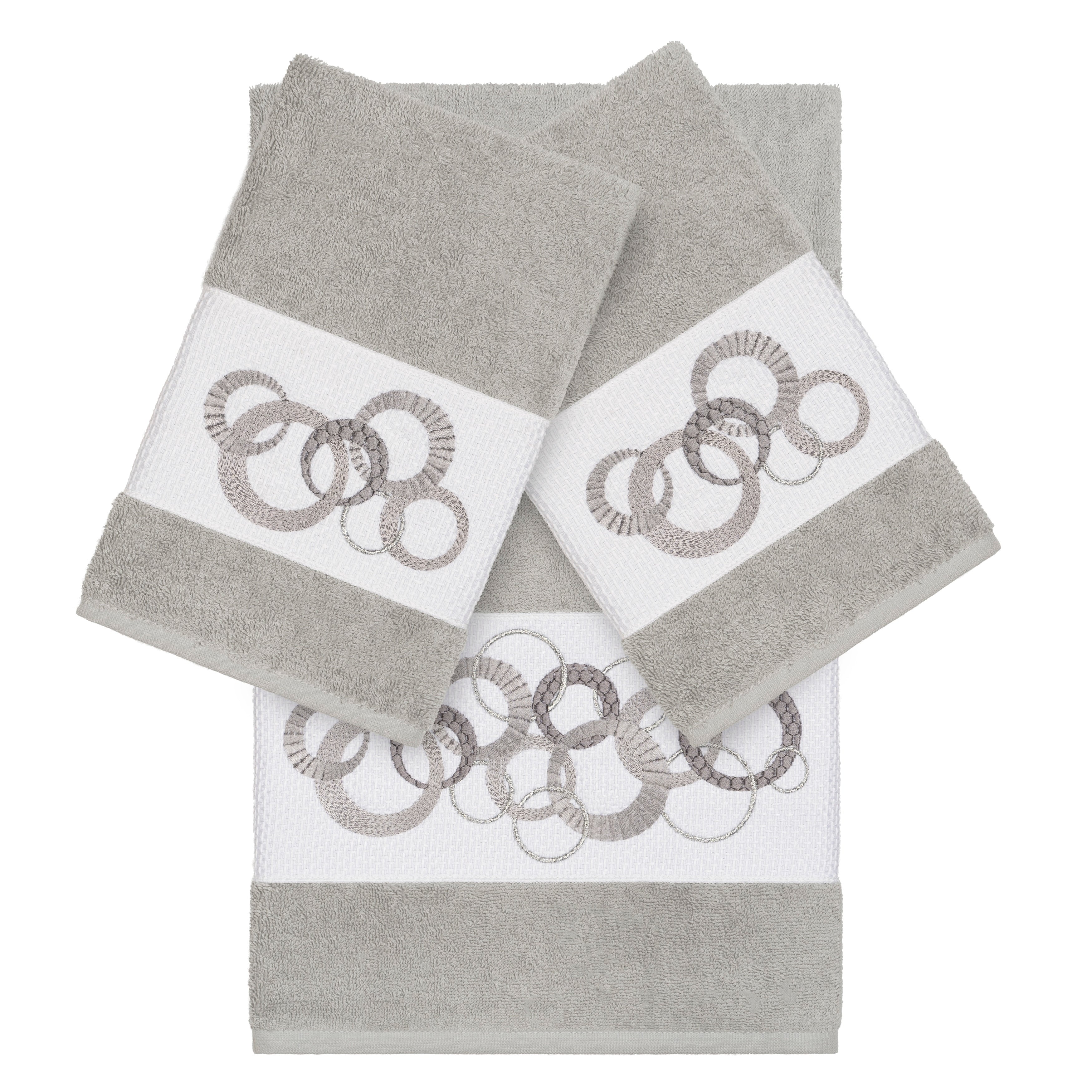 Authentic Hotel And Spa Turkish Cotton Circles Embroidered Light Grey 3 Piece Towel Set